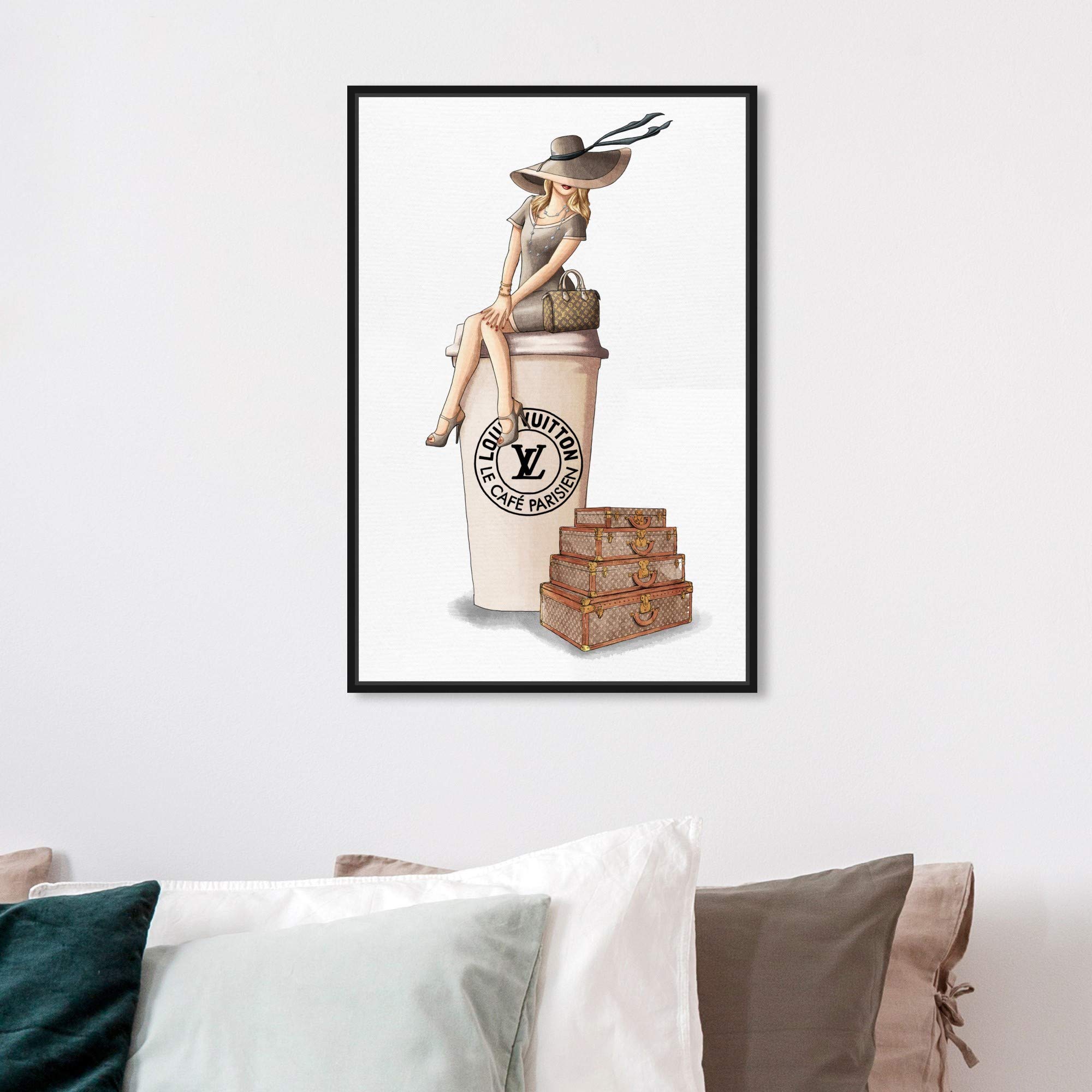 Oliver Gal Artist Co. 'Cafe au Lait Paris' Fashion Wall Art - 16x24 Inch Framed Canvas Print in Brown | Handbag & Home Decor | Perfect for Living Room, Bedroom or Office Décor