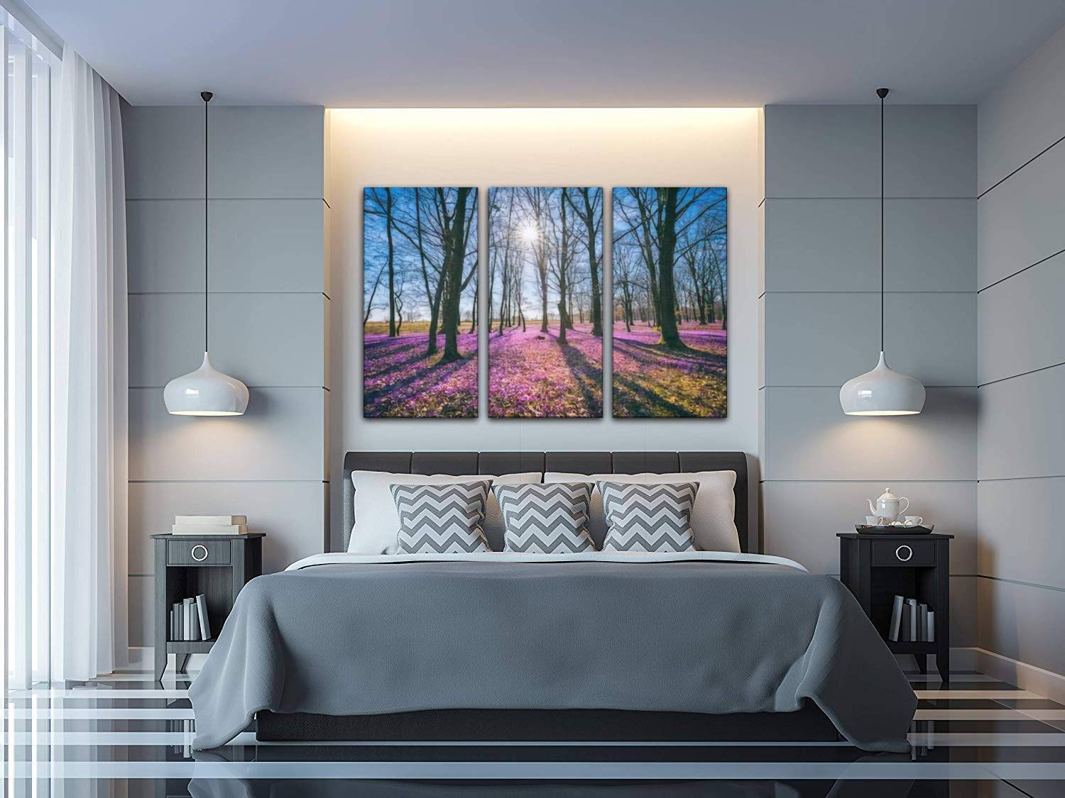 Sunny Flowering Forest with Wild Violet Crocus & Saffron Flowers Canvas Wall Art - 3 Panel Painting for Living Room & Bedroom Decor - Nature Inspired Home Wall Art - Perfect for Cozy Spaces & Modern Interiors