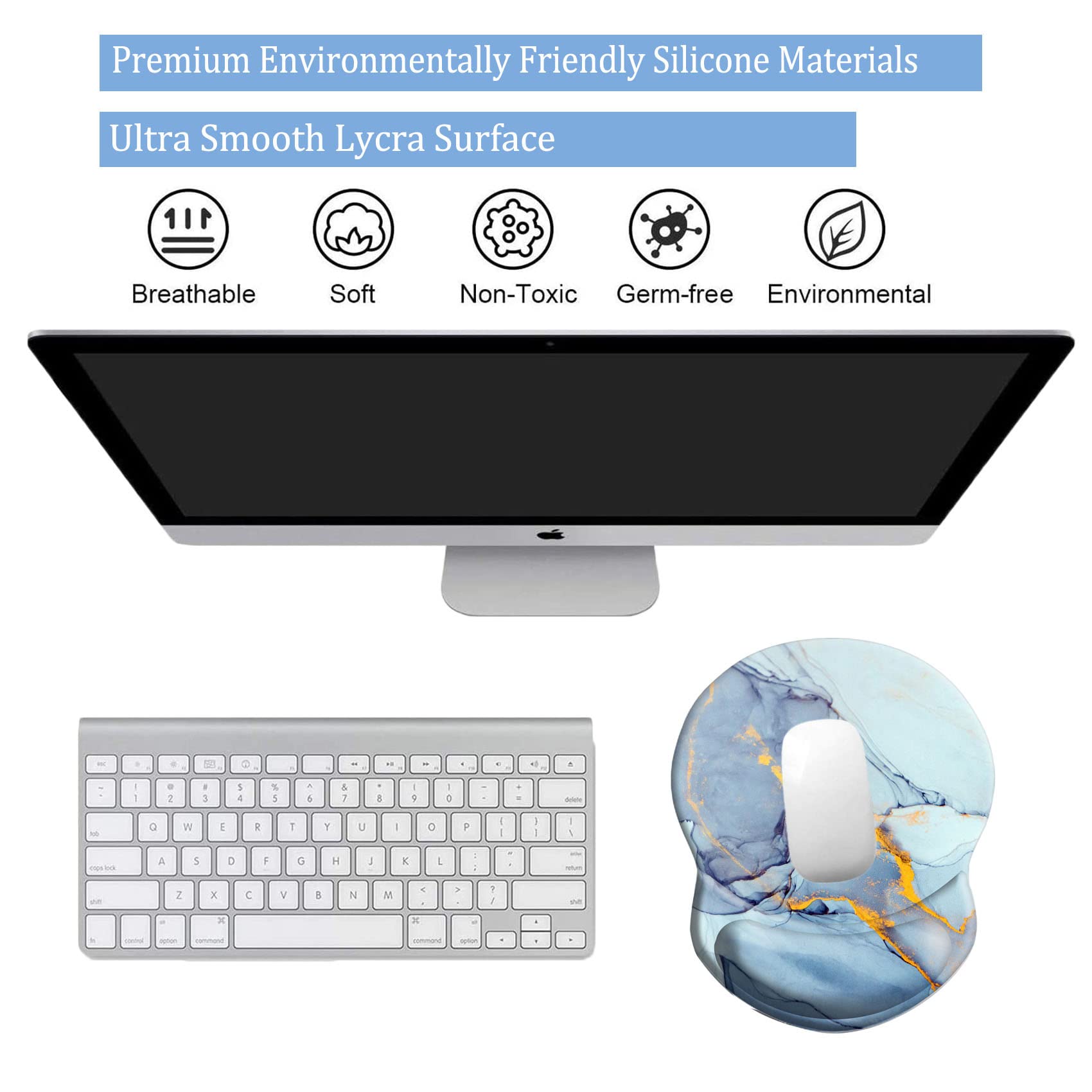 Ergonomic Mouse Pad with Wrist Support - Pain Relief, Non-Slip PU Base for Home Office, Gaming & Studying - Comfortable Computer Mouse Pad (Light Blue Marble) | Perfect for Long Work Hours, PC Gaming & Typing