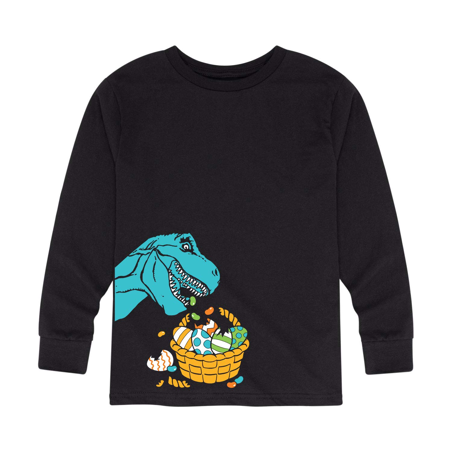 Dino Easter Basket Side Print Kids Long Sleeve T-Shirt - Cute Dinosaur Graphic Tee for Boys & Girls - Perfect for Easter Celebrations, Birthday Gifts & School Outfits
