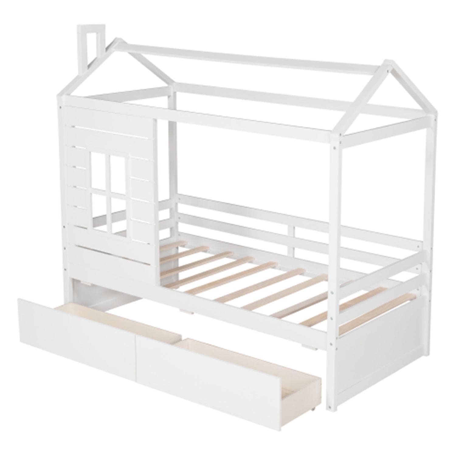 White Twin House Bed Frame with 2 Drawers & Windows - Sturdy Wood Slat Support - Perfect for Kids' Bedroom, Playroom or Cozy Reading Nook