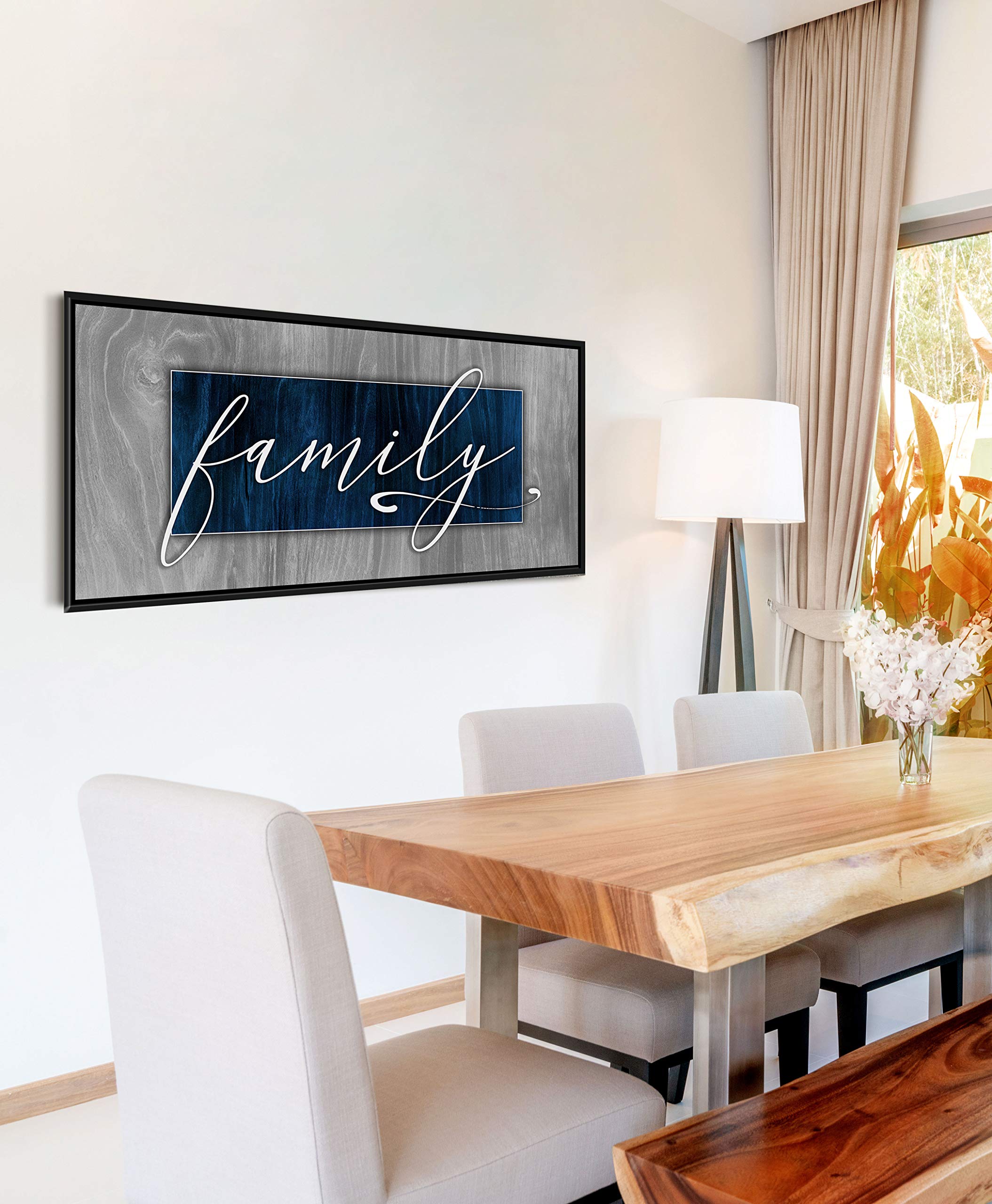 Farmhouse Family Sign - Rustic Wall Decor for Living Room with Blue & Black Floating Frame (42x19) | Perfect for Home Entryway, Living Room, or Farmhouse Style Decor