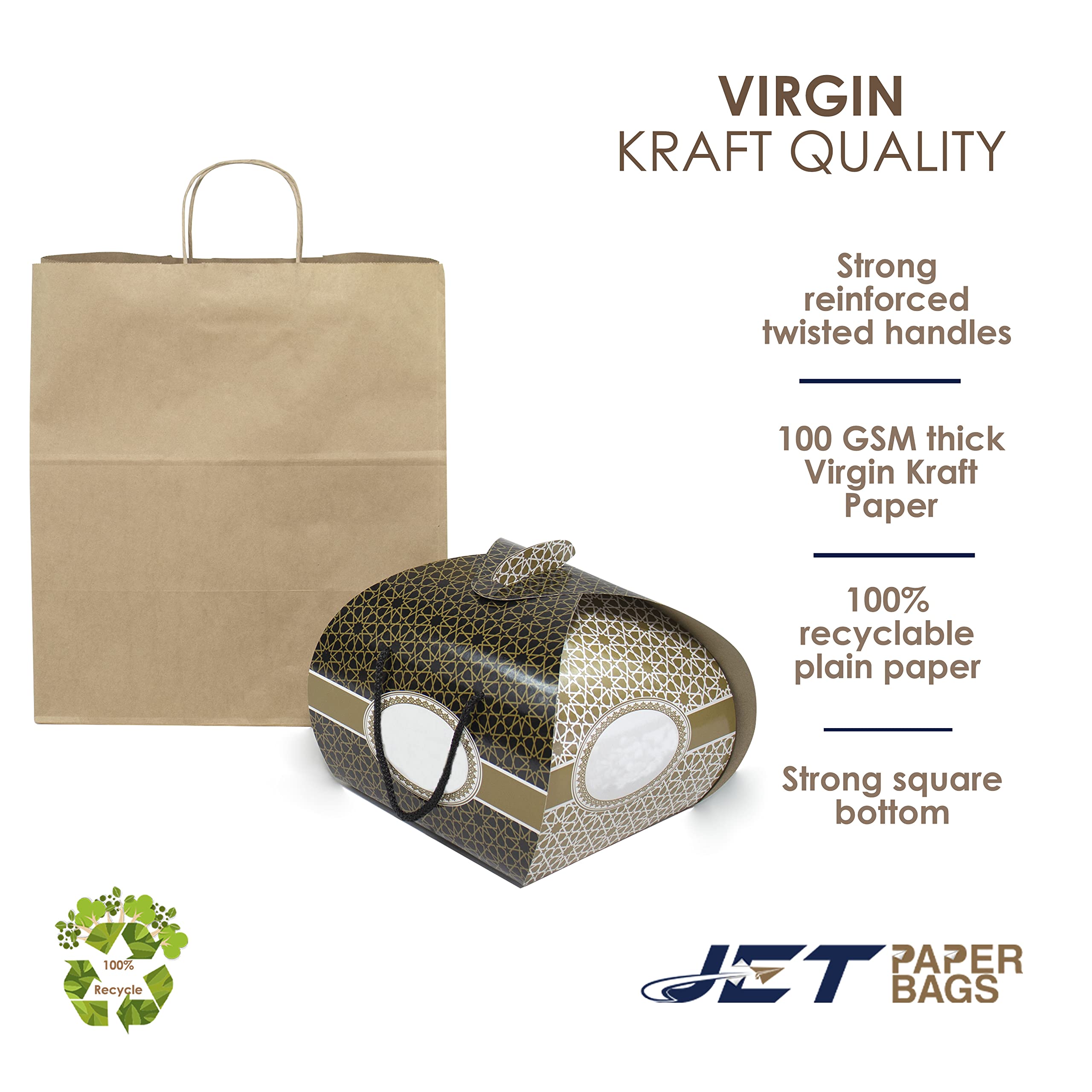 JET PAPER BAGS - 14”x9.5”x15.5” Large Brown Kraft Paper Bags with Handles [100 Pack] - Eco-Friendly Recyclable Takeout Bags for Grocery, Retail, Party Favors, Wedding Gifts & Goodie Bags - Perfect for Restaurants, Stores & Special Events