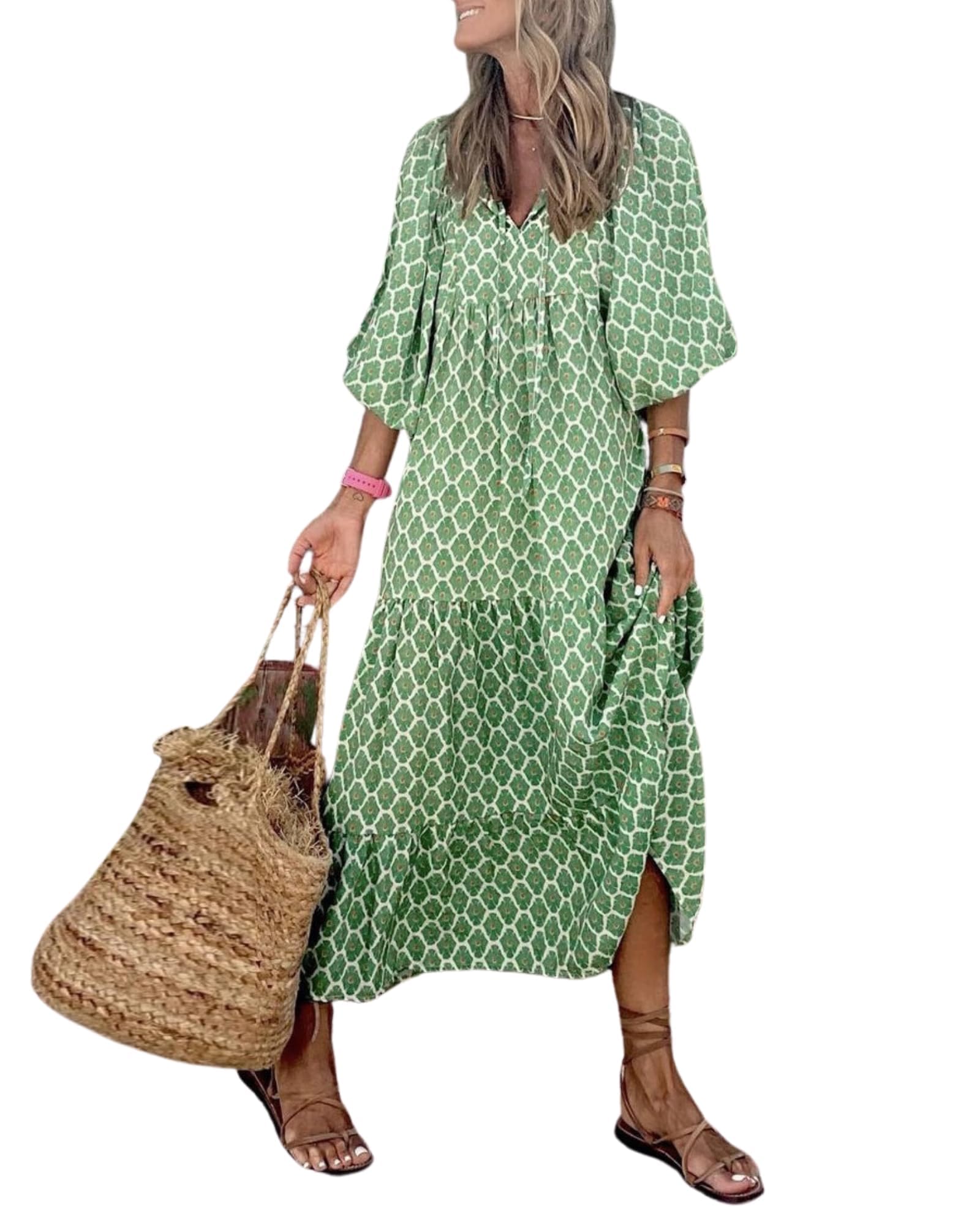 Guteidee Women's Long Puff Sleeve Flowy Floral Dress - A-Line Boho Maxi Dress for Fall Fashion | Perfect for Vacation, Date Night & Special Occasions