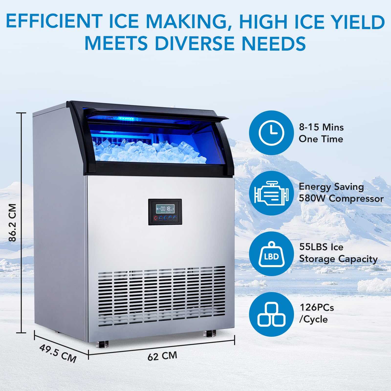 Commercial Ice Maker Machine 200 LBS/24H, Stainless Steel Undercounter Ice Maker with 55 lb Storage, 420W High Efficiency - Produces 90 Ice Cubes in 15 Minutes - Perfect for Bars, Restaurants, Cafes, Home & Office Use