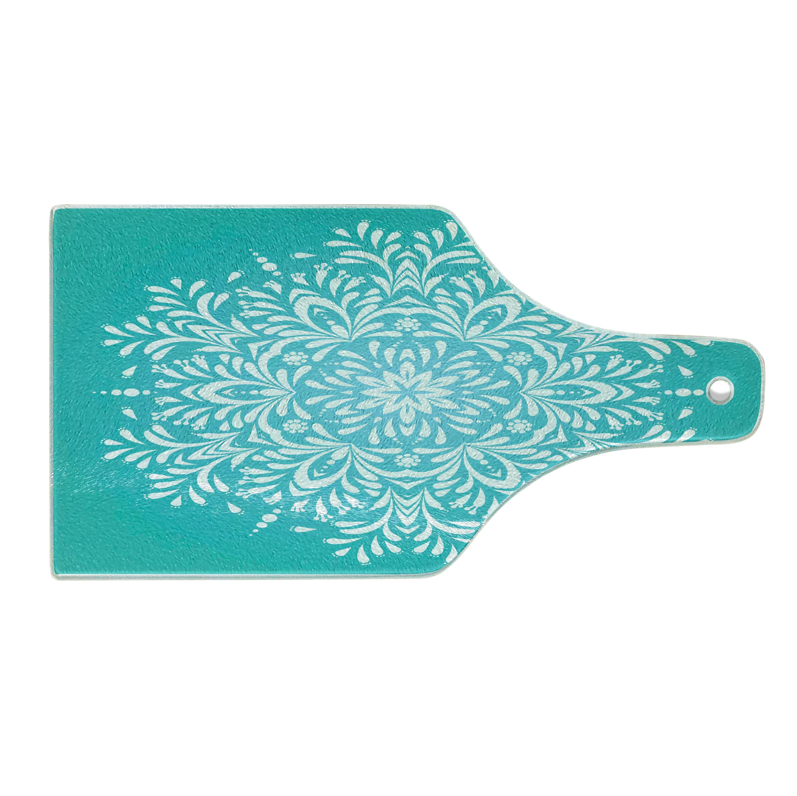 Ambesonne Blue Tempered Glass Cutting Board - Snowflake Mandala Winter Themed Art Print - Decorative Serving Board with Eastern Floral Leaves Design - Wine Bottle Shape in Sky Blue & White - Perfect for Holiday Entertaining, Cheese Platters & Wine Pairings