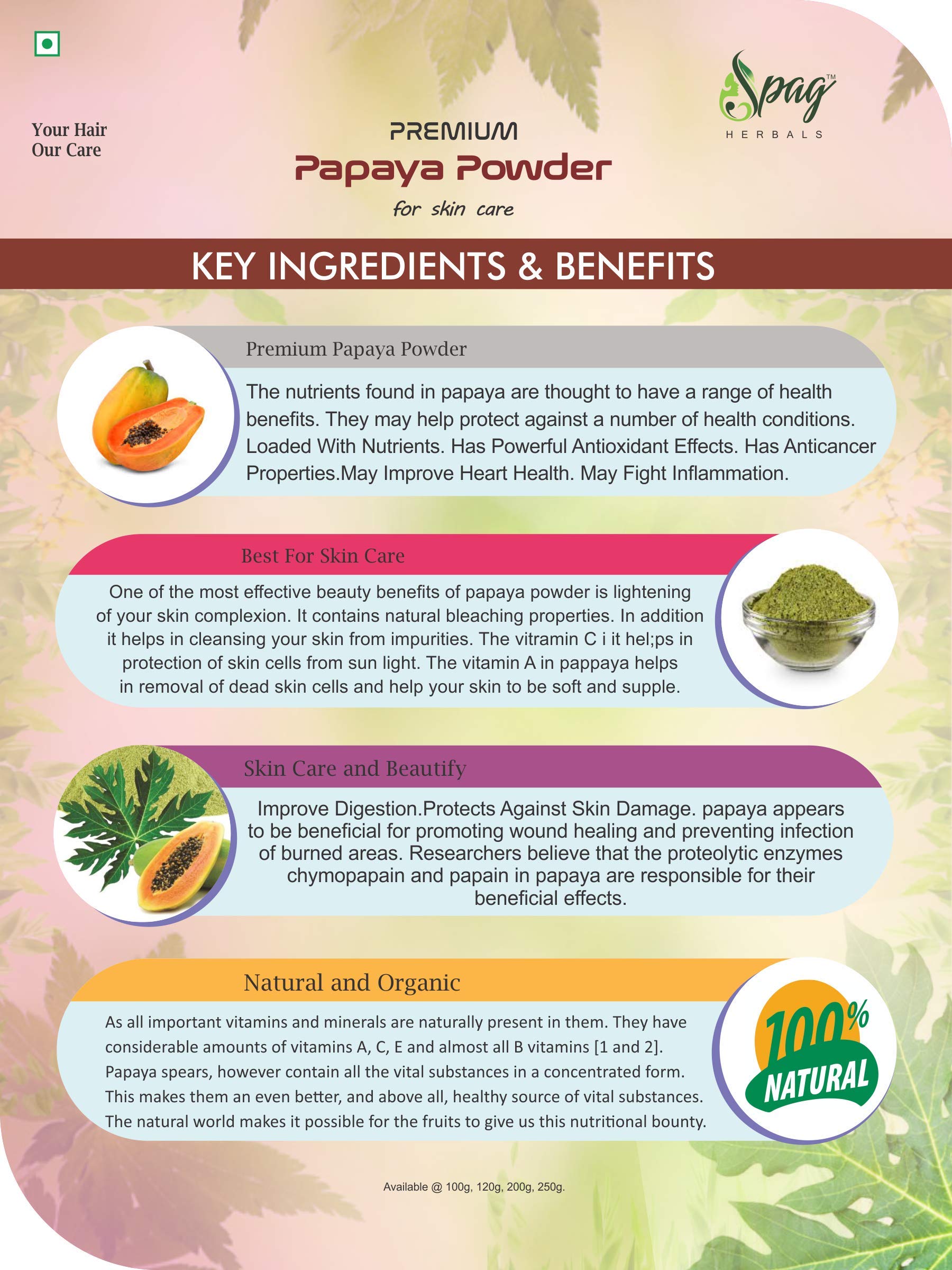 Organic Papaya Leaf Powder 250g - Skin Brightening Face Mask, Pigmentation Control & Hair Care Treatment | Natural Herbal Remedy for Glowing Skin & Healthy Hair | DIY Beauty & Wellness at Home