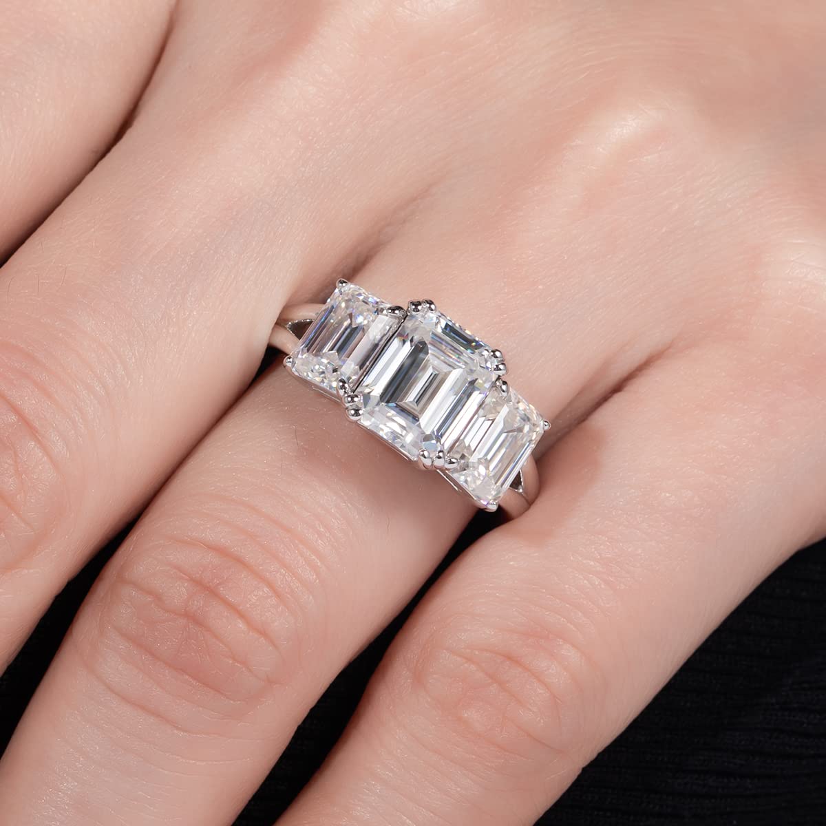 AnuClub 3 Stone Moissanite Engagement Ring - D Color VVS1 Round/Emerald/Marquise Cut in 925 Sterling Silver - Women's Wedding, Anniversary & Promise Ring for Proposals, Bridal Jewelry & Special Occasions