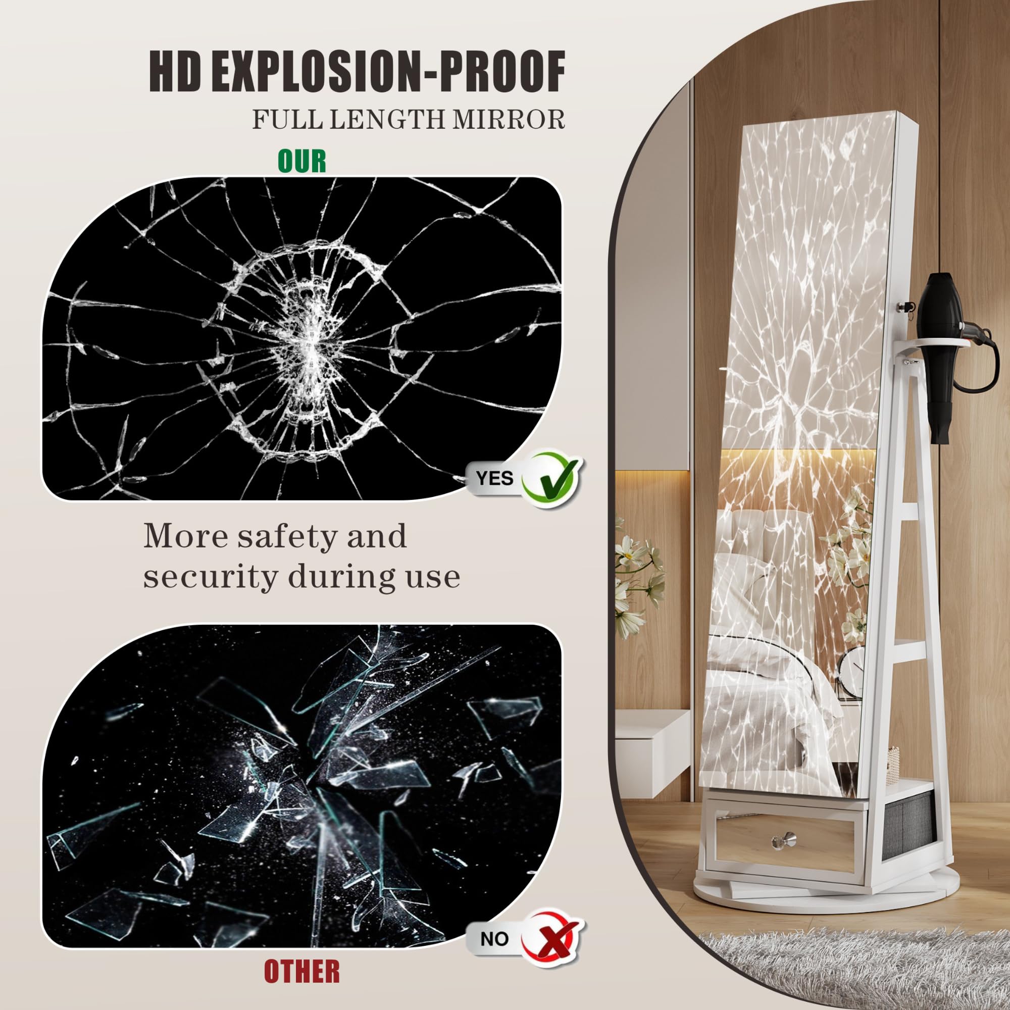 HWB Full-Length Mirror with Jewelry Storage & LED Lights - 360° Swivel Standing Jewelry Cabinet Organizer with Foldable Makeup Shelf - White | Bedroom Vanity, Dressing Room & Closet Organization Solution