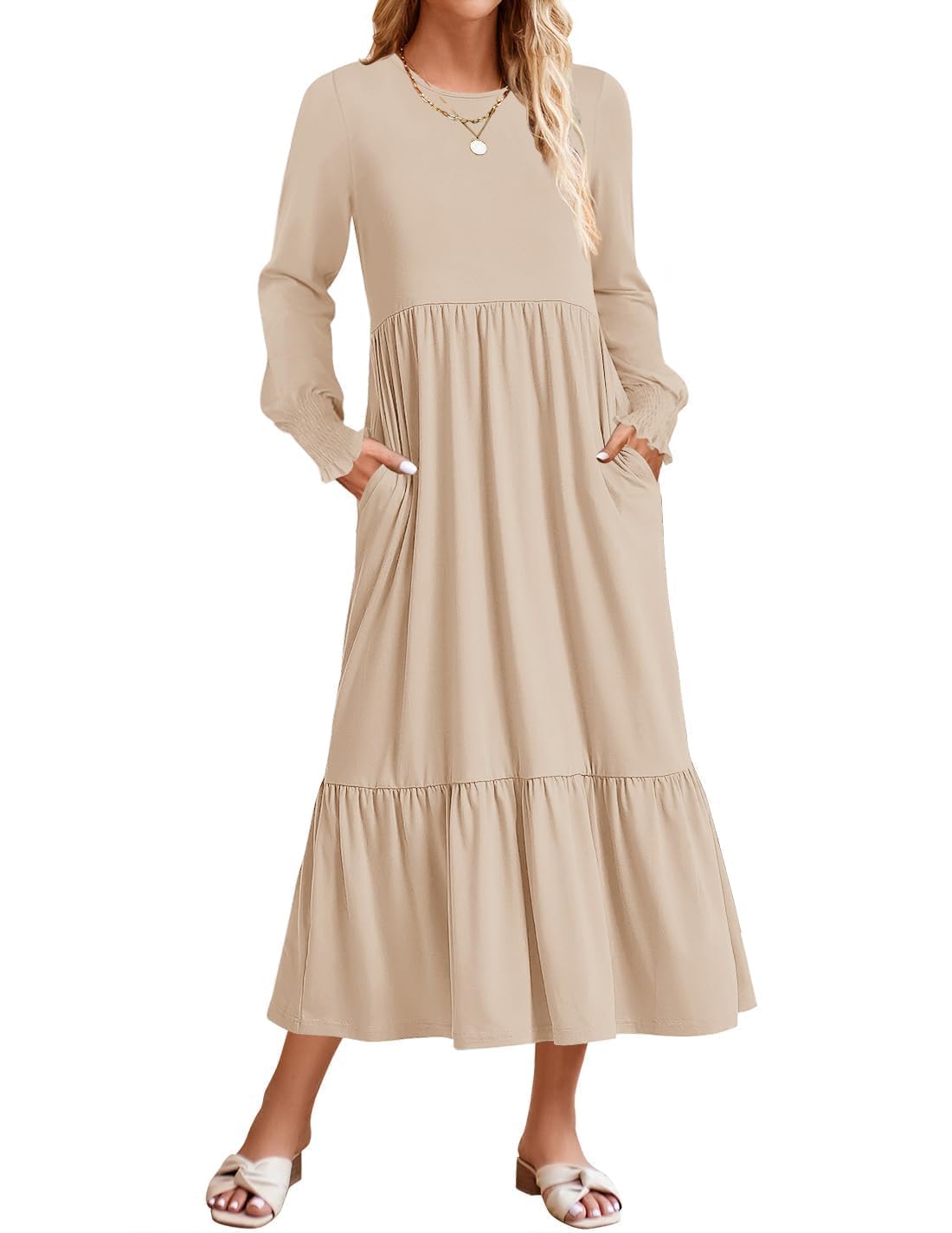 ZESICA Women's Spring Long Sleeve Dress 2025 - Crewneck Casual Loose Pleated Tiered Swing Midi Dress with Pockets | Perfect for Office, Brunch & Spring Outfits