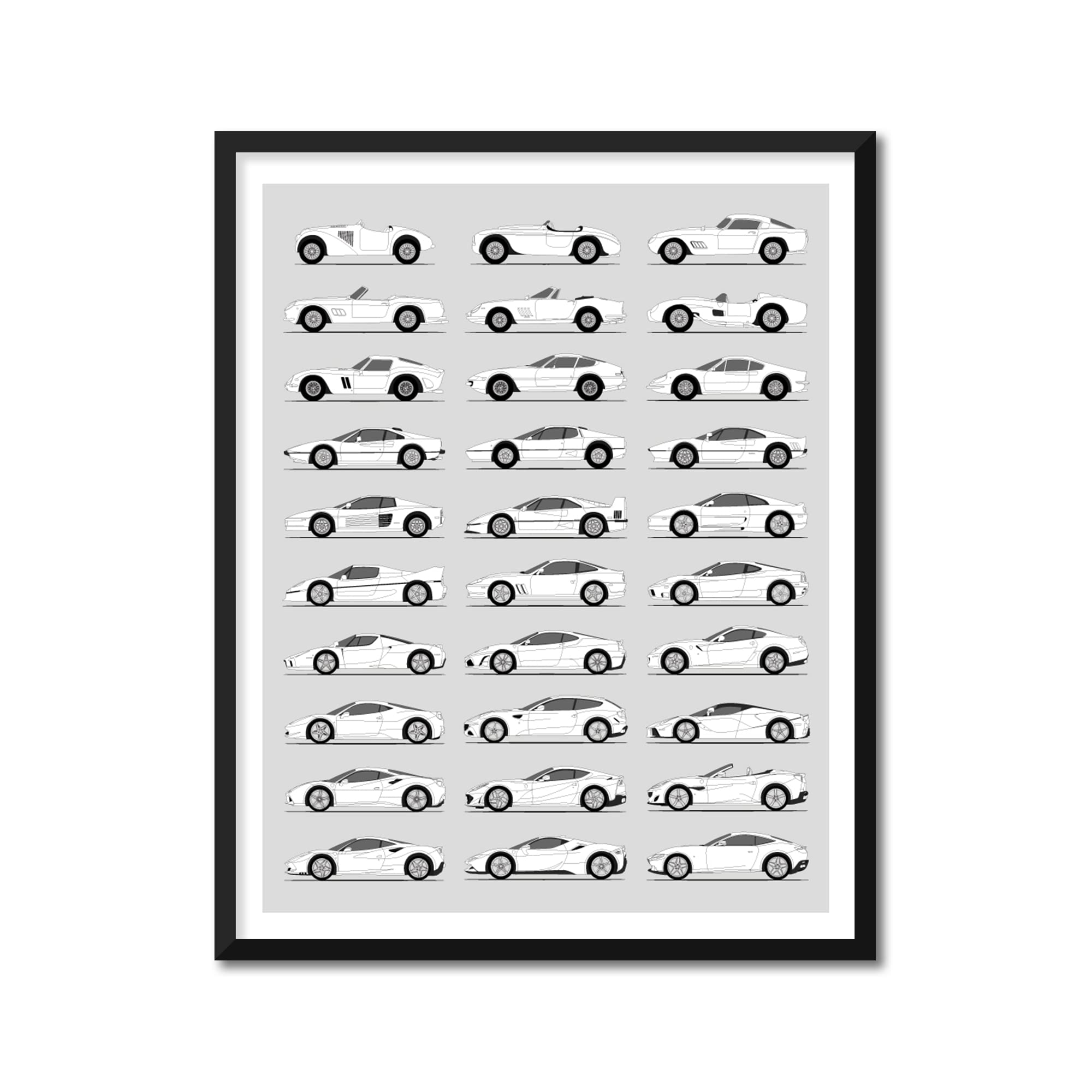 Vintage Ferrari Wall Art Print - Handmade Decor Showcasing Ferrari Generations & Evolution - 8x10