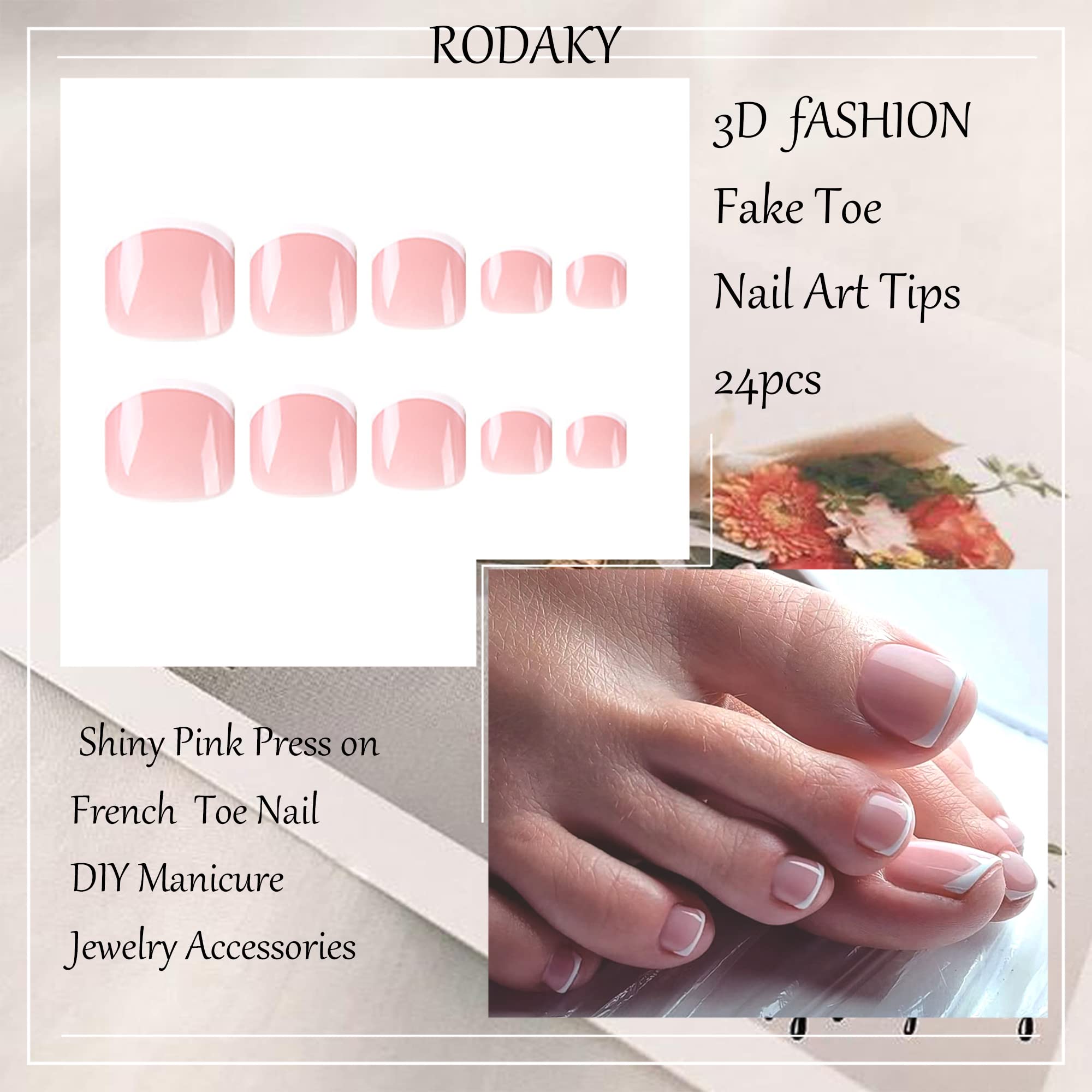 RODAKY 24PCS Short Square Press on Toenails - Pink French Tip Acrylic False Nails with Glue, Full Cover Artificial Toe Nails for Women & Girls - Perfect for Summer Beach, Pedicures & Nail Art