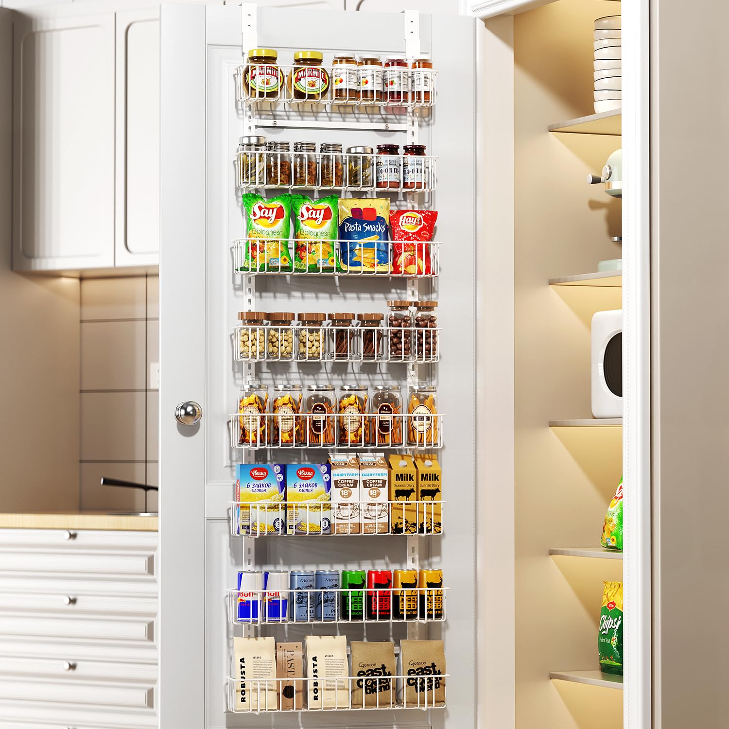 8-Tier Adjustable Hanging Spice Rack Organizer - Over The Door Cabinet Storage Shelf for Kitchen, Pantry, Bathroom & Laundry Room | Space-Saving Metal Shelf Organizer | Perfect for Spices, Toiletries & Cleaning Supplies (White)