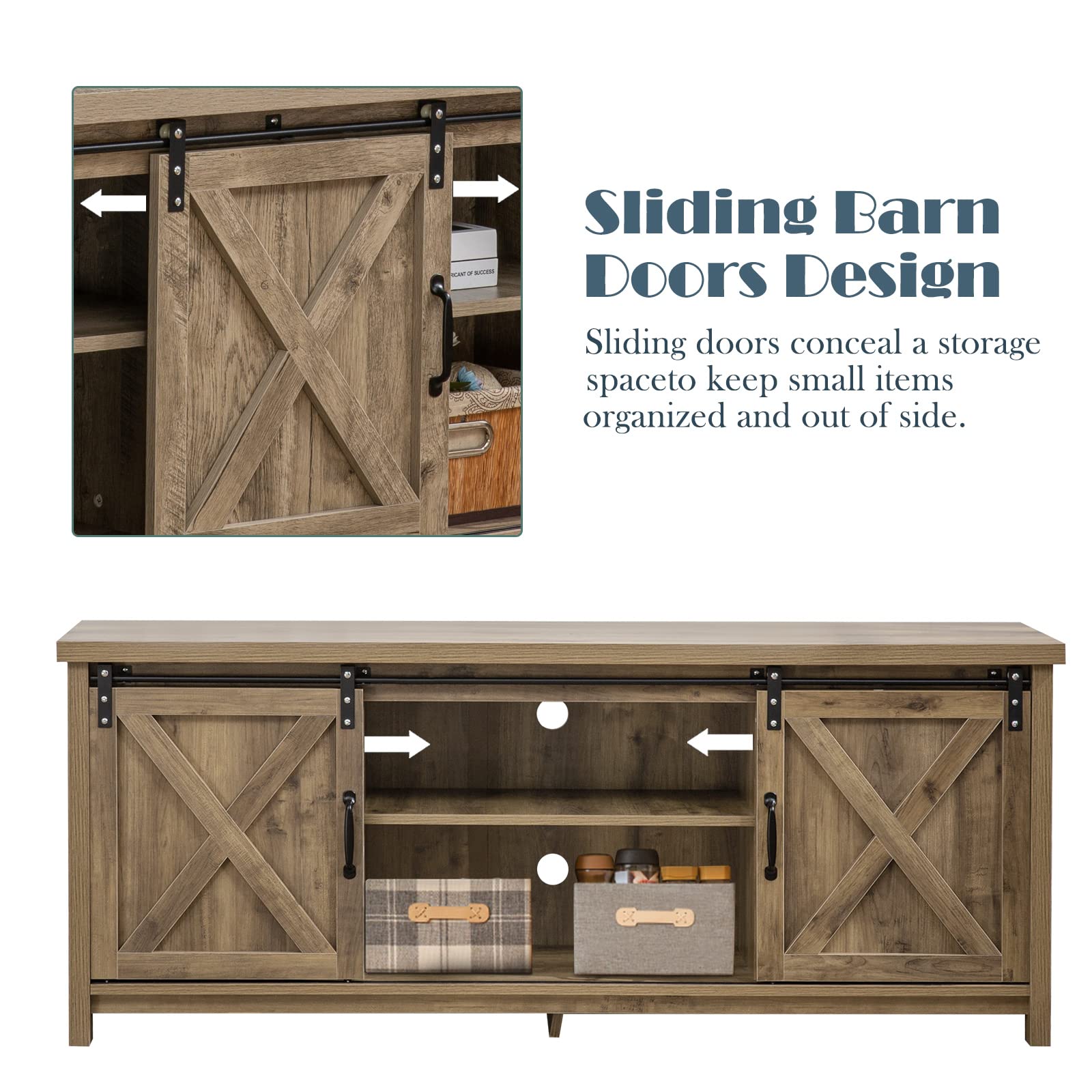 Rustic Farmhouse TV Stand with Sliding Barn Doors - 65 Inch Media Console with 2-Tier Storage Cabinets - Light Grey Entertainment Center for Living Room & Bedroom - Perfect for Home Theater Setup & Farmhouse Decor