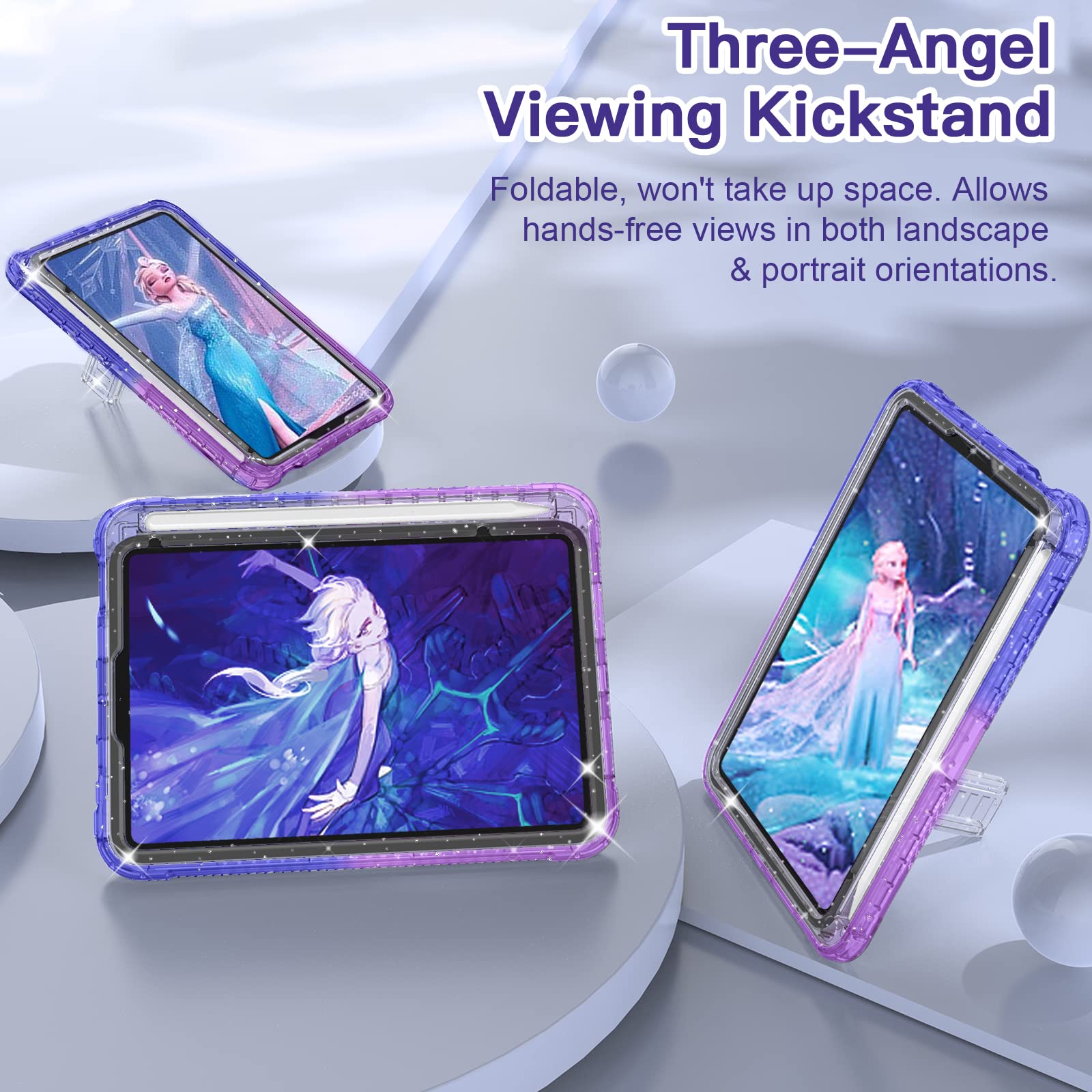 Premium Slim Protective Case for iPad Mini 7th/6th Generation (8.3 inch 2024/2021 Model) - Clear Glitter & Gradient Blue Purple Cover with Built-in Pencil Holder & Stand - Perfect for Work, School, and Travel