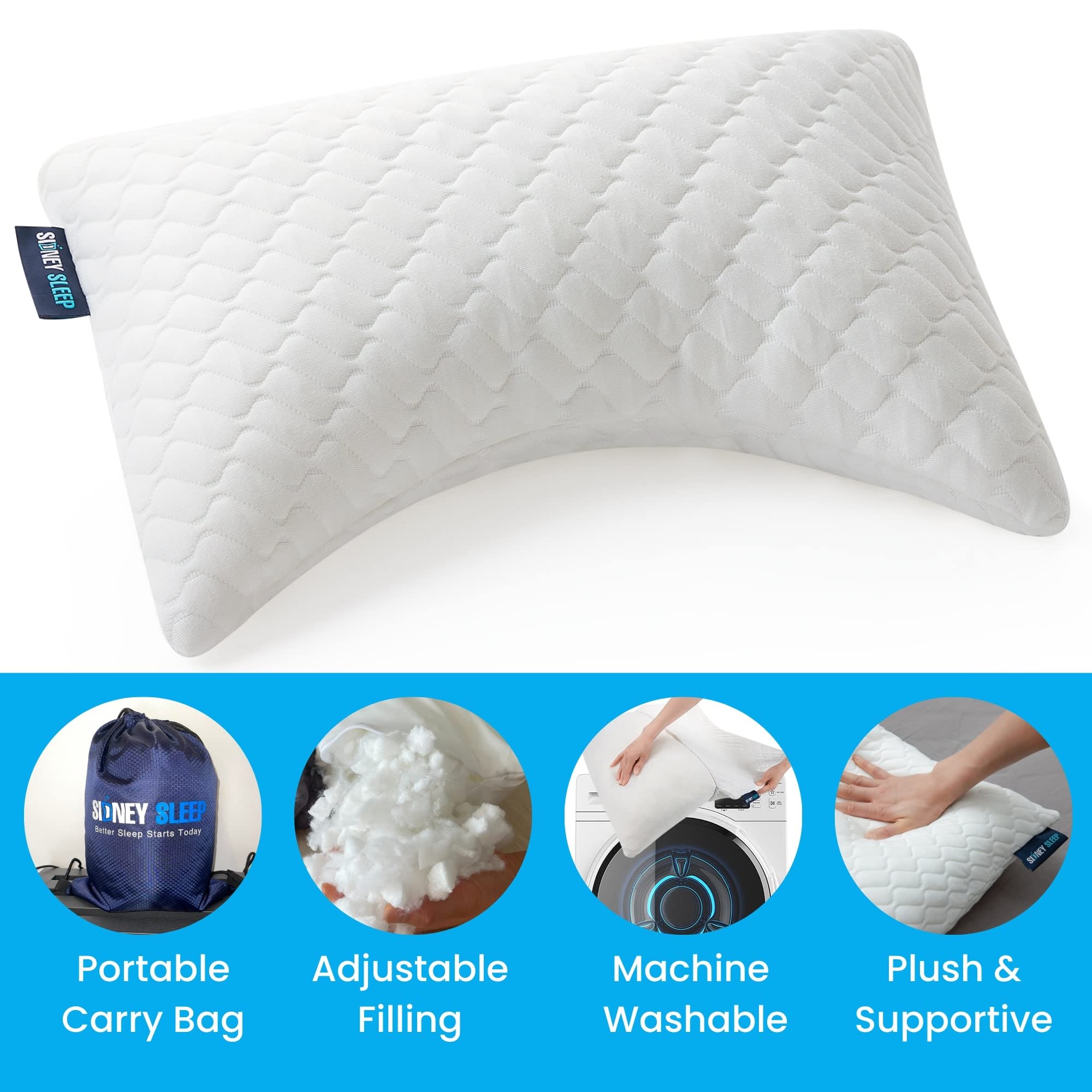 Sidney Sleep Mini Travel Neck Pillow for Knee, Back & Lumbar Support - 14x19 Inch Small Curved Pillow with Adjustable Loft - Washable & Portable with Drawstring Backpack - Perfect for Airplanes, Cars, Office & Home Use