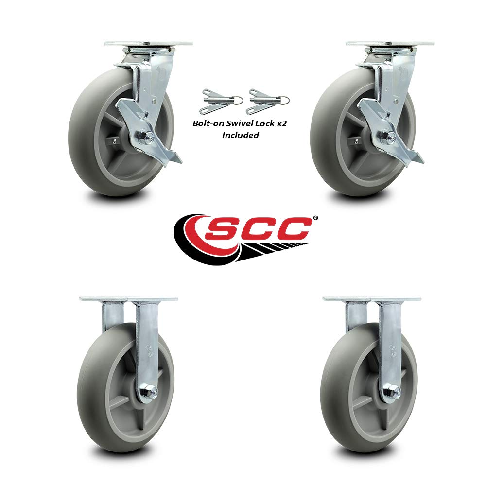 Lavex Lodging Housekeeping Cart Caster Set - 4-Piece Replacement Caster Kit with 2 Swivel & 2 Rigid Casters, Bolt-On Swivel Locks & Brakes - Ideal for Hotel Housekeeping Carts, Janitorial Carts & Commercial Cleaning Equipment