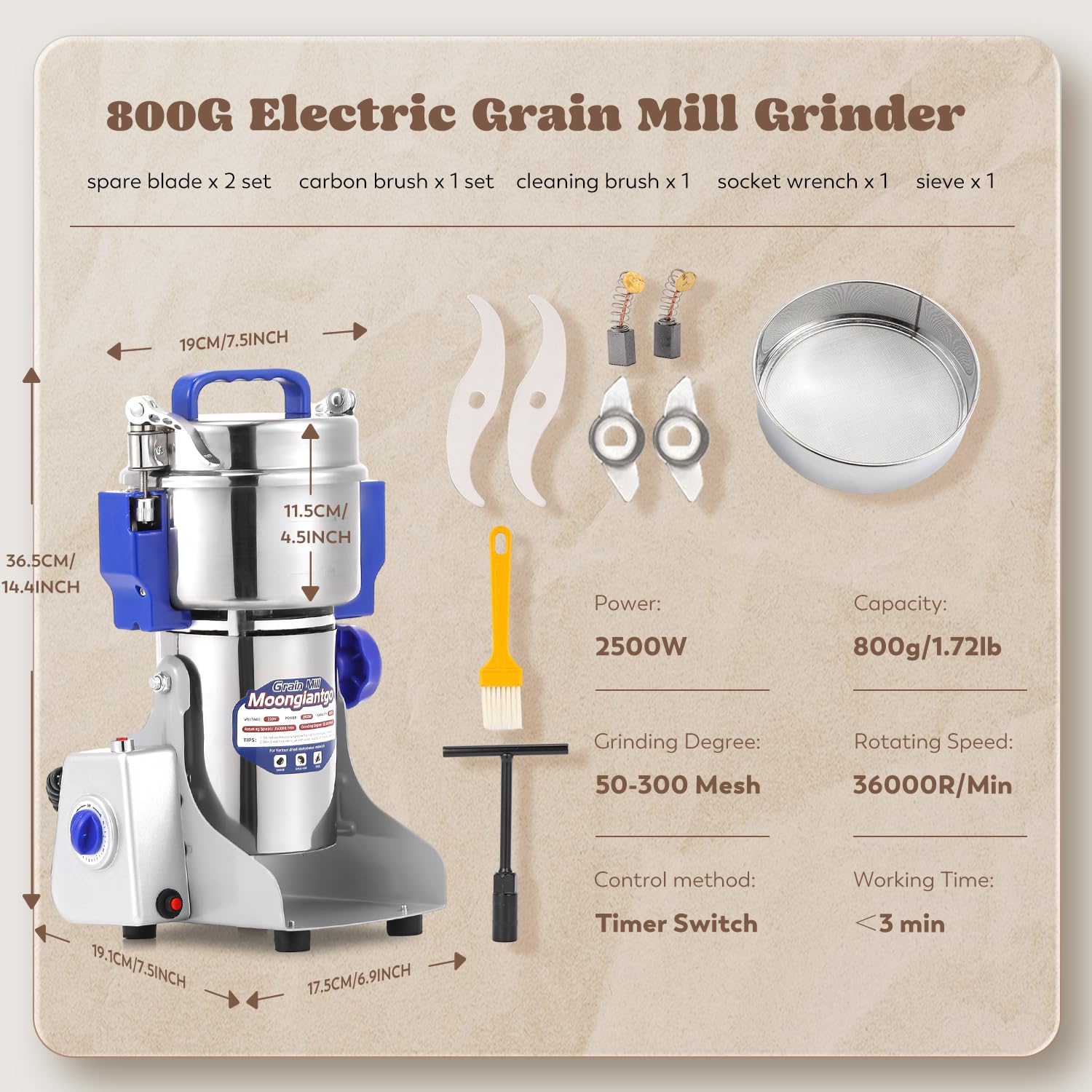 Moongiantgo 800g Electric Grain Grinder Mill - 2500W High-Speed Stainless Steel Spice & Coffee Grinder for Cereals, Herbs, Nuts - Perfect for Home Kitchen, Bakery & Coffee Shop Use