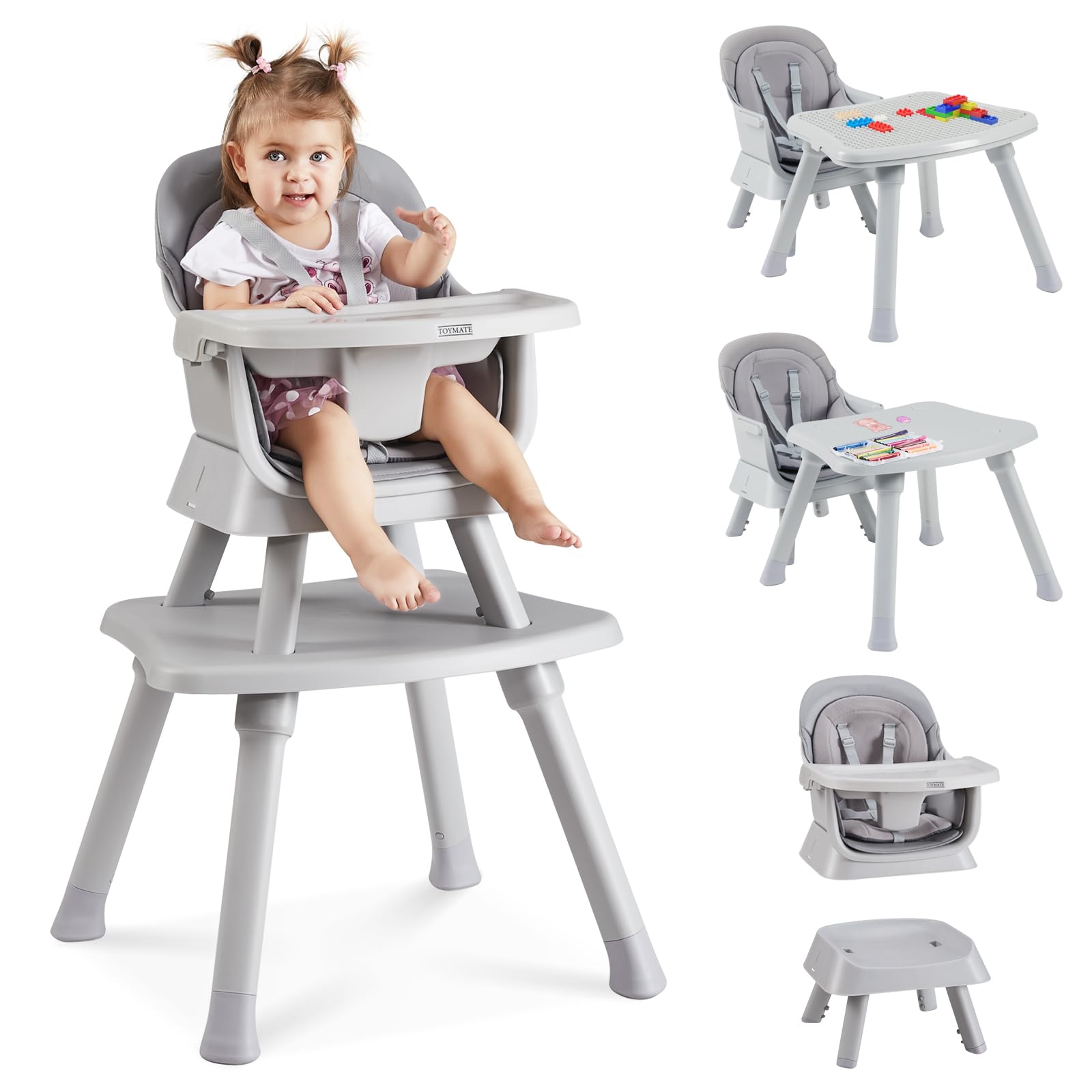 8-in-1 Convertible Baby High Chair with Removable Tray | Multi-Functional Toddler Chair Converts to Kids Table & Chair Set, Building Block Table, Step Stool & Dining Chair (Grey) - Perfect for Feeding, Playtime & Learning Activities