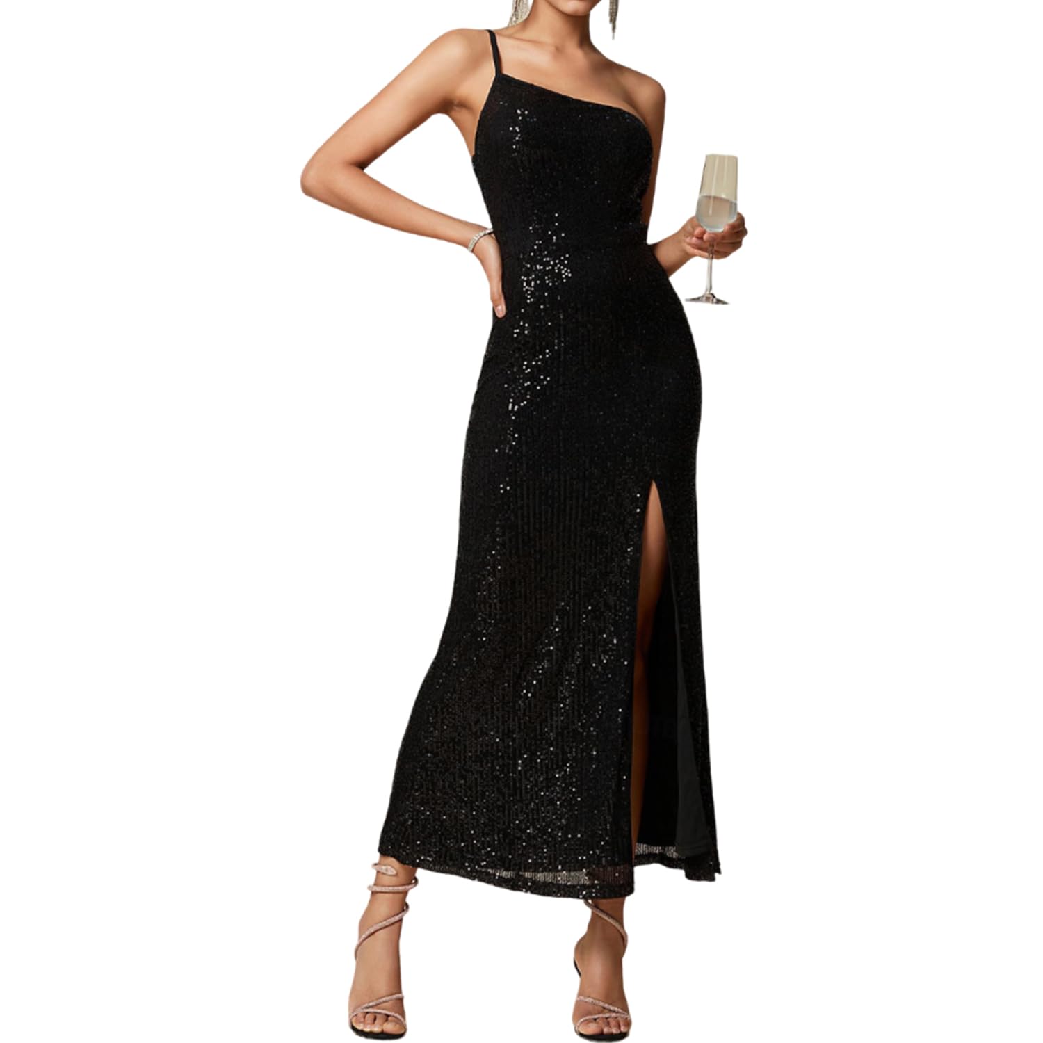 Elegant Black Sequin Prom Dress for Women 2025 - Sleeveless One Shoulder Formal Maxi Gown for Wedding, Cocktail Party & Evening Events | Perfect for Summer Dances, Galas & Special Occasions