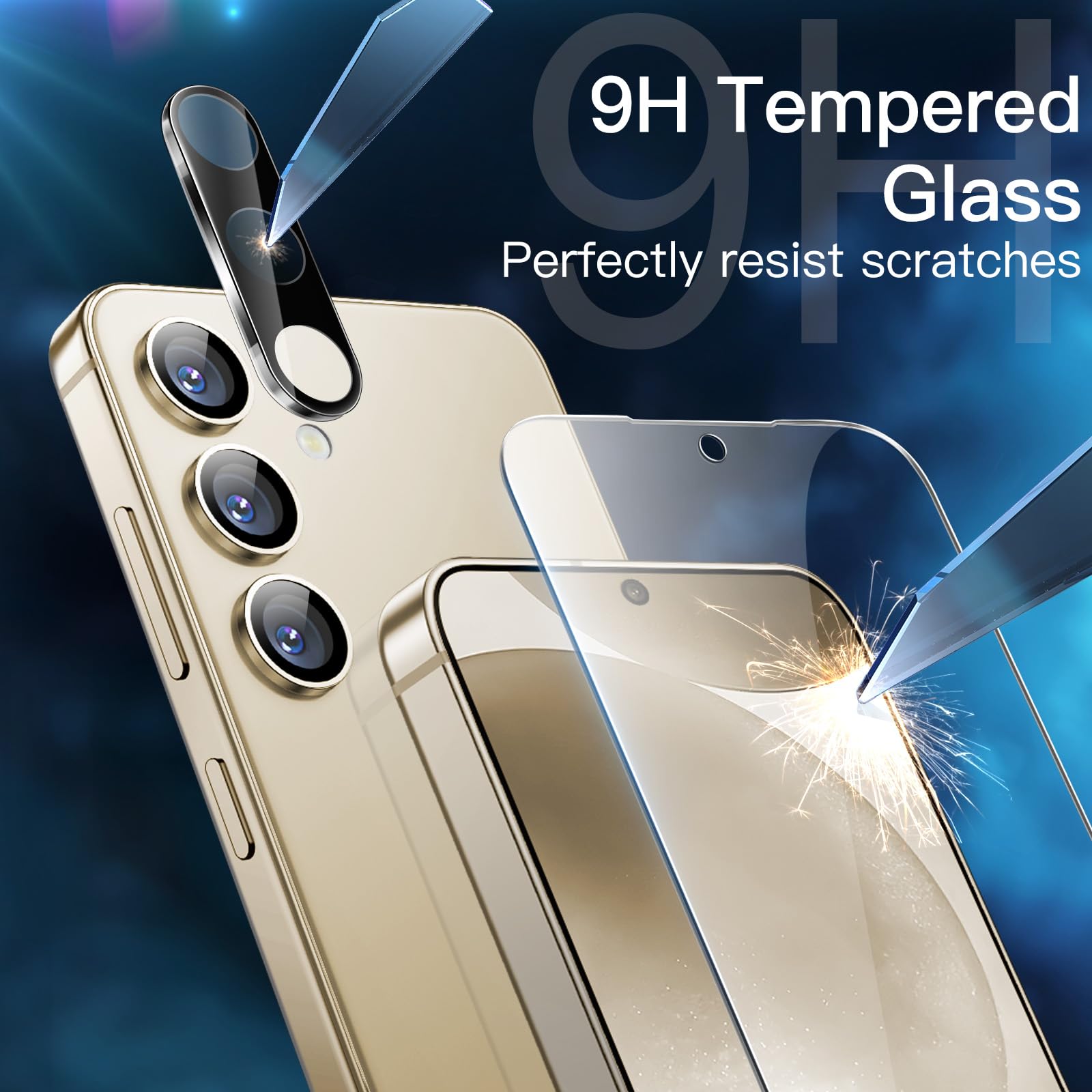 JETech 5-in-1 Matte Case for Samsung Galaxy S24+ / S24 Plus 5G - 2-Pack Tempered Glass Screen Protector & Camera Lens Protector, Translucent Back Protective Phone Cover (Gold) | Slim Shockproof Design for Everyday Use, Work & Travel