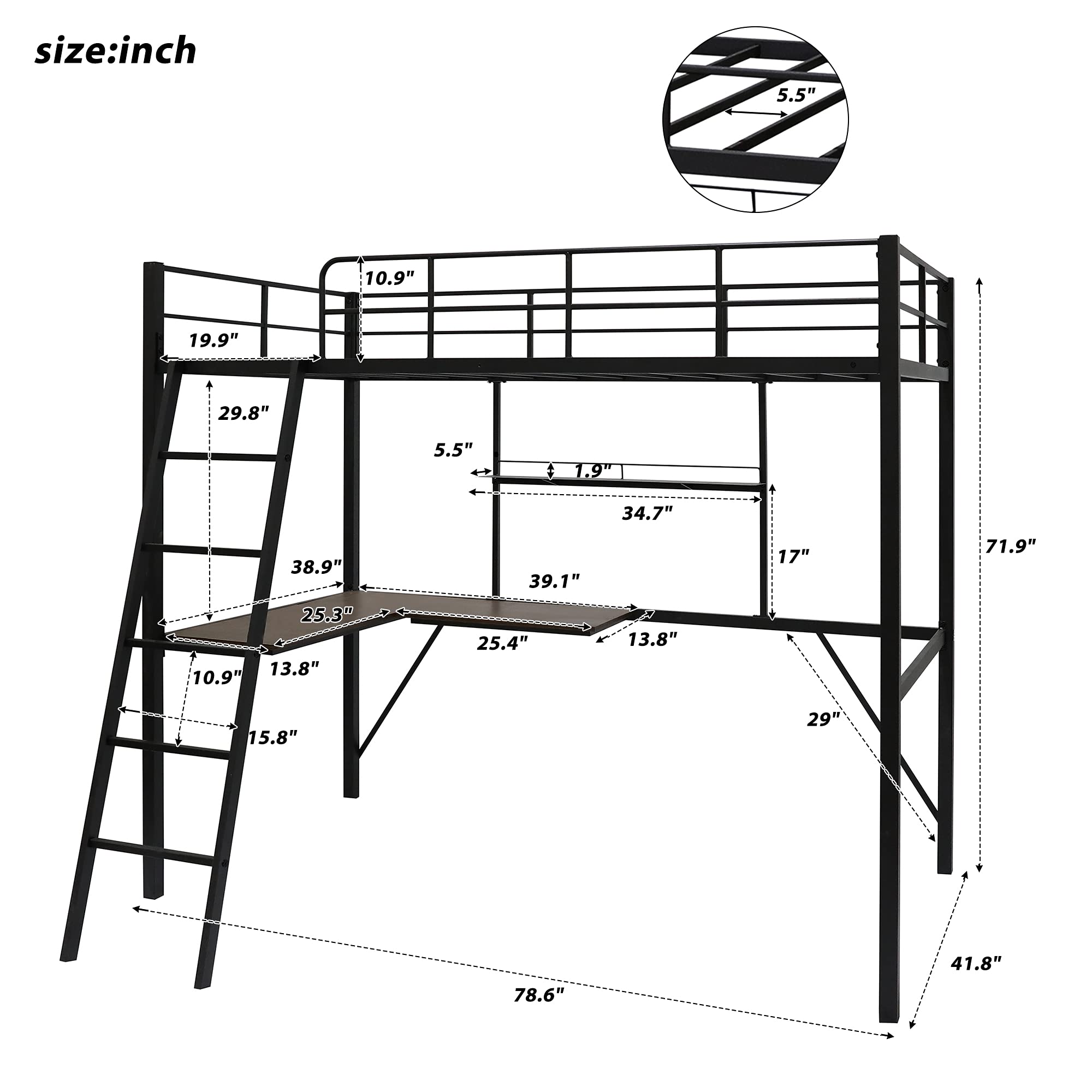 **Heavy Duty Twin Metal Loft Bed with Desk & Shelves - Sturdy Black Loft Bed Frame for Kids, Teens & Adults - Includes 2 Ladders & Safety Guard Rails - Perfect for Small Spaces, Dorms & Apartments**