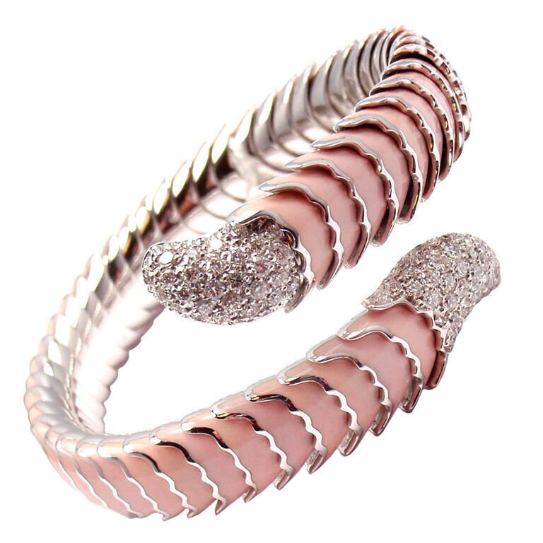 Authentic Roberto Coin 18k White Gold Enamel Ruby Diamond Cobra Bangle Bracelet - Luxury Jewelry for Women, Perfect Gift for Anniversary, Birthday & Special Occasions