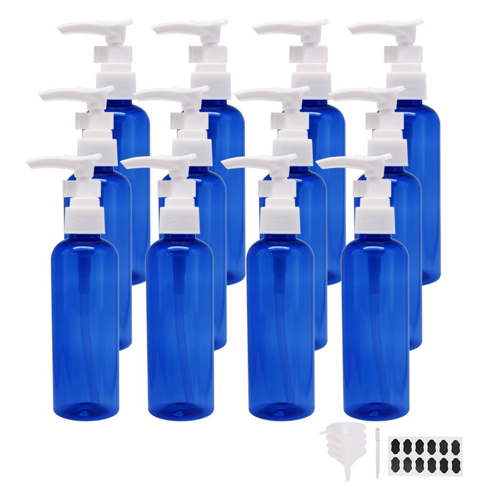 12 Pack 3.38OZ (100ML) Refillable Travel Lotion Pump Bottles - Empty Plastic Containers with 1 Pen, Labels & 4 Funnels - Perfect for Body Wash, Shampoo, Massage Lotion & Gel - Ideal for Travel, Gym, Salon & Home Use by ZMYBCPACK (Blue)