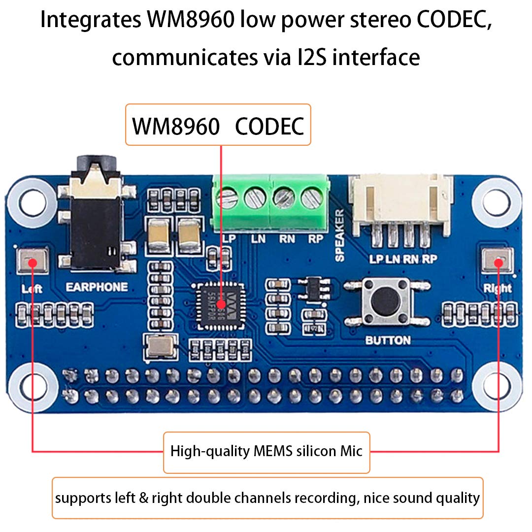 WM8960 Hi-Fi Sound Card HAT for Raspberry Pi 5/4B/3B+/3B/Zero 2W/Zero W/Zero WH - Stereo Encode/Decode, Play & Record - Plug & Play Speaker Driver for Music, Gaming & Home Audio Projects
