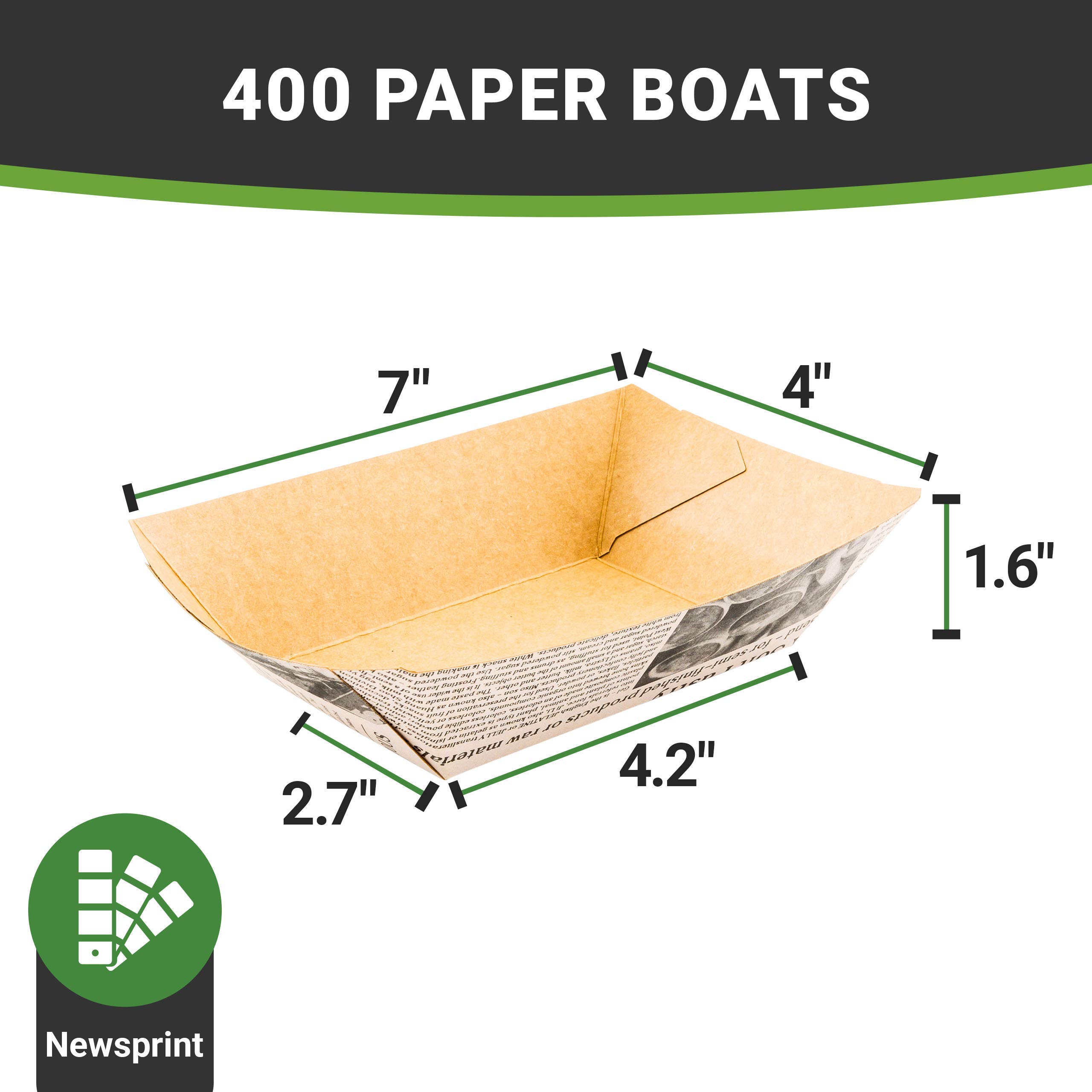Bio Tek 1/2 Pound Heavy-Duty Disposable Paper Food Boats - 400 Greaseproof Newsprint Food Trays for Snacks, Appetizers & Treats | Perfect for Parties, Carnivals, Restaurants & Food Service | Eco-Friendly Disposable Serving Containers for Events & Catering