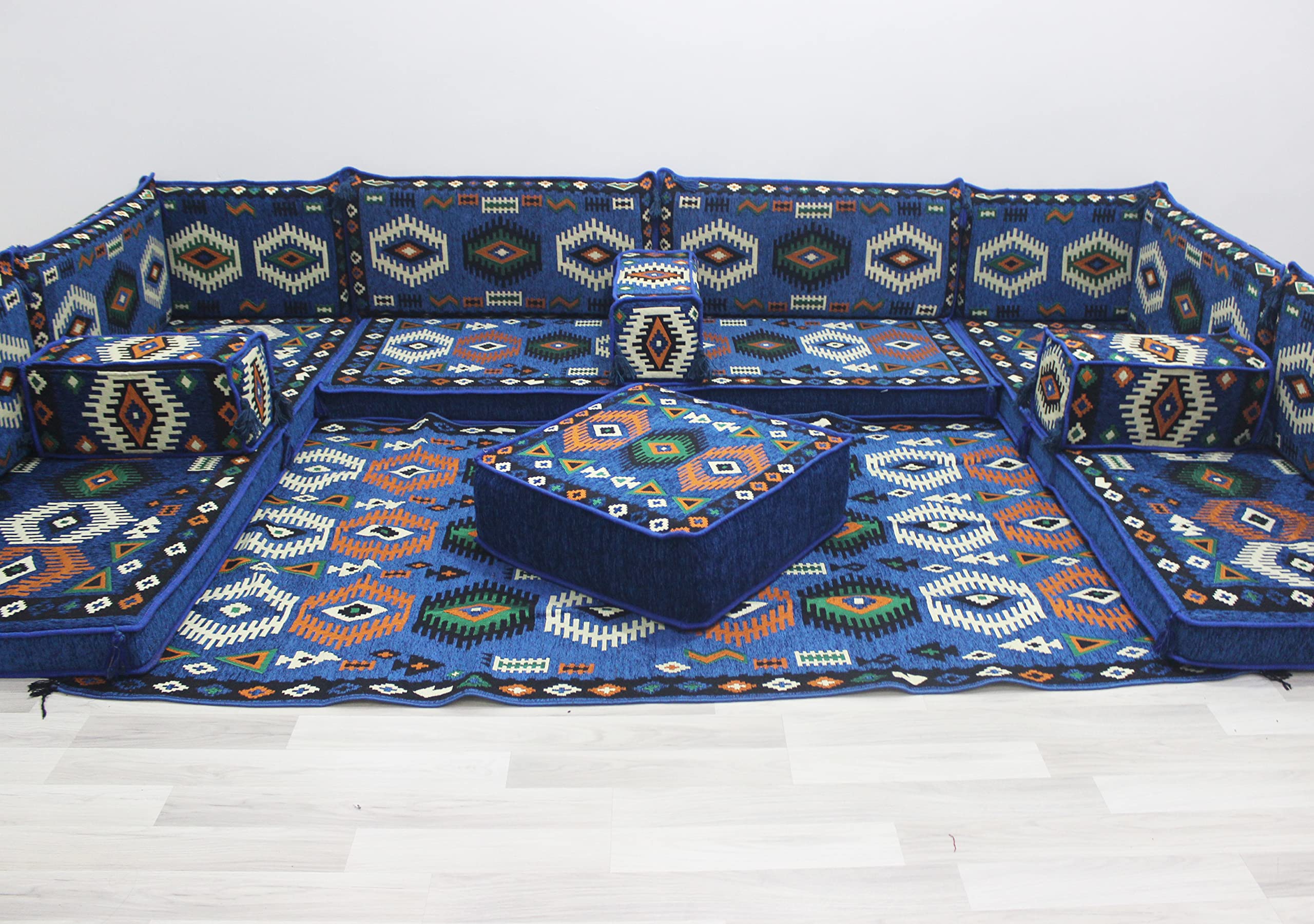 Royal Blue Large Floor Cushions - Oriental Sofa Covers & Traditional Arabic Seating Pillows - Bench Cushions with Turkish Rug Design - Boho Home Decor for Living Room, Bedroom & Outdoor Use (U-Shaped Sofa + Rug + Ottoman Set)
