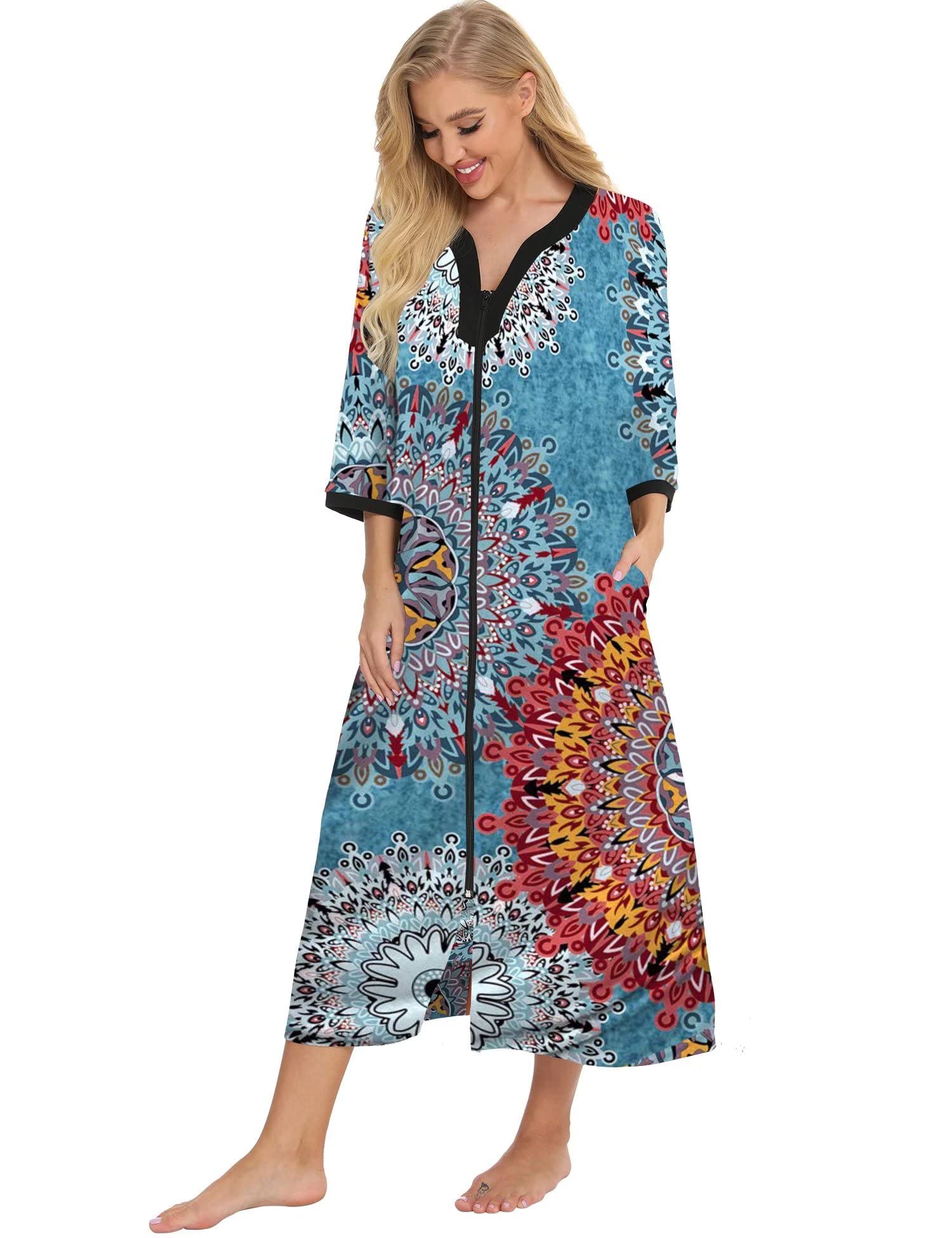 Bloggerlove Women's Zip Up Cotton Robe - Long House Coat with Half Sleeves, Comfy Sleepwear & Nightgown for Lounging, Sleeping & Relaxing at Home