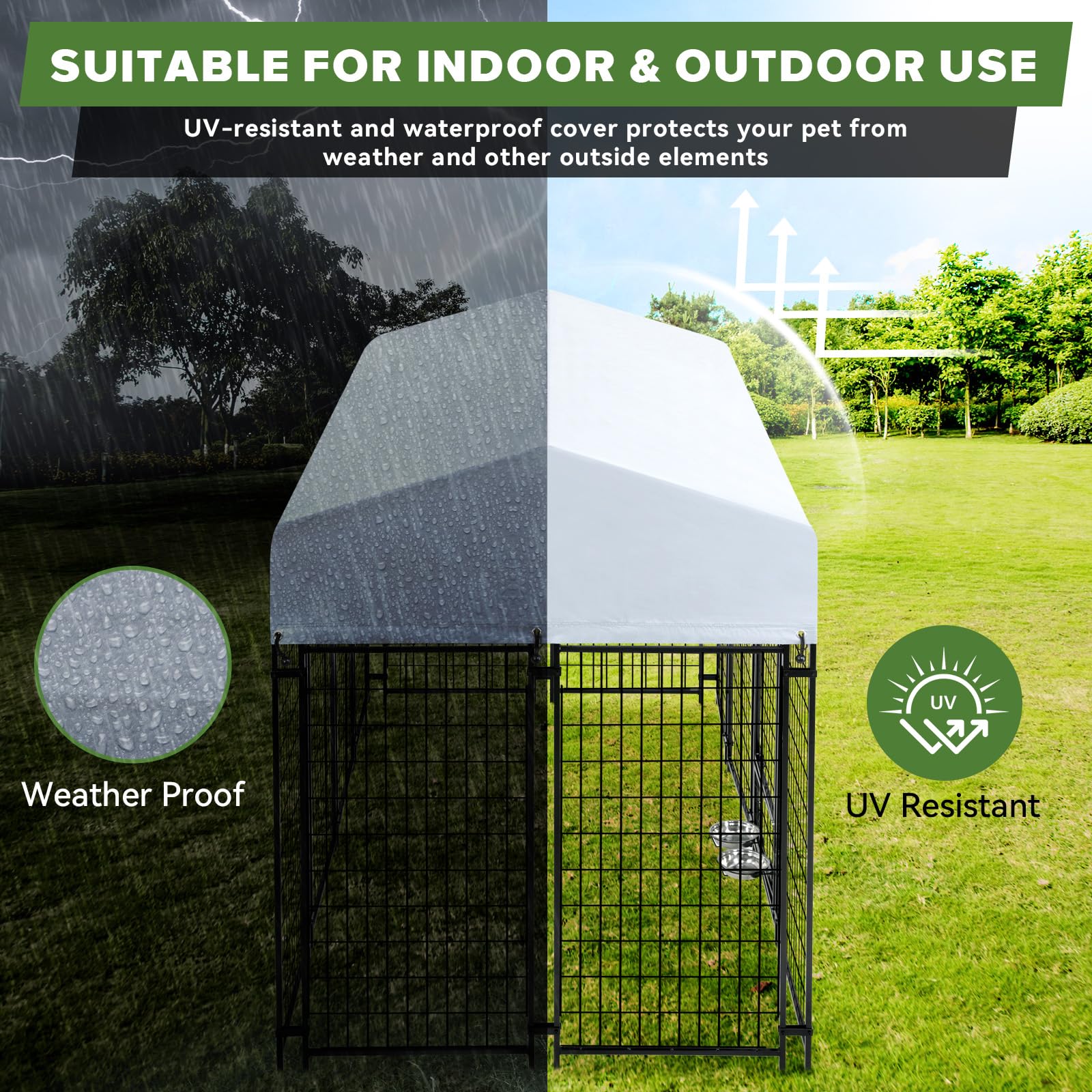 Heavy Duty Welded Steel Outdoor Dog Kennel for Large Dogs - Secure Lock Playpen Fence with Waterproof Roof Cover & 2 Rotating Bowls (Small/Medium/Large Dogs) - Perfect for Backyard, Camping & Pet Training
