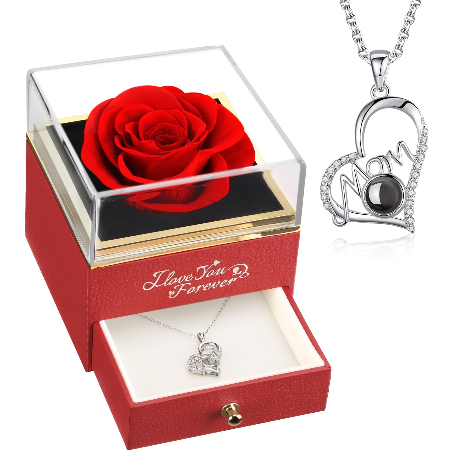 NEWNOVE Preserved Real Red Rose Gift Set with Mom Necklace - Perfect Mother's Day, Christmas & Birthday Present for Her - Elegant Home Decor & Romantic Keepsake