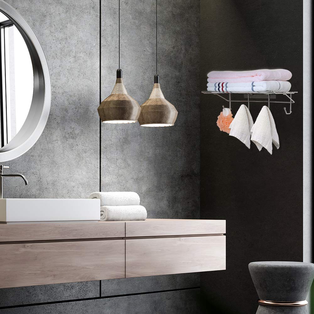 Stainless Steel Shower Shelf & Bath Towel Holder - No Drill Adhesive Wall Mounted Towel Rack with Hooks & Storage Shelf (19.88 Inch) - Perfect for Bathroom, Hotel & Spa Organization - LT-82010