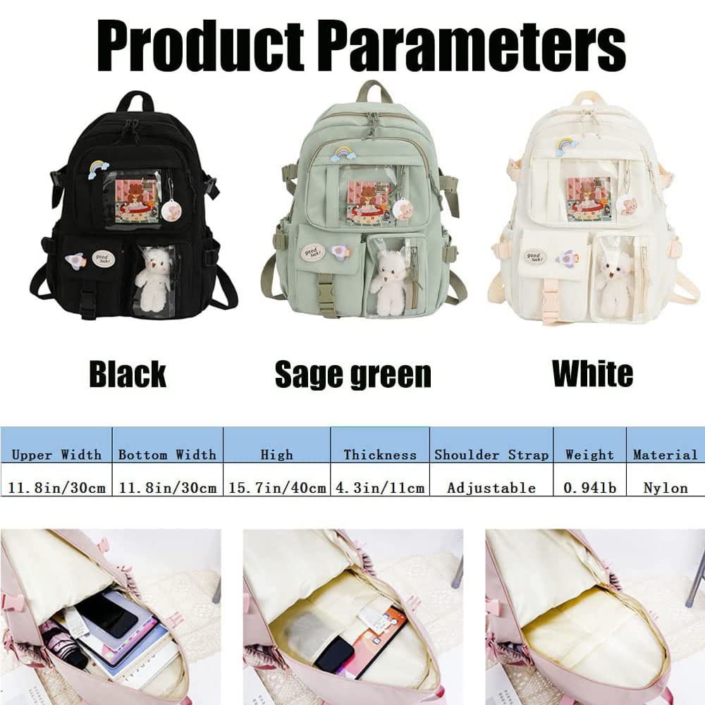 Preppy Kawaii Backpack for Girls with Pin & Accessories - School & Travel (Red)