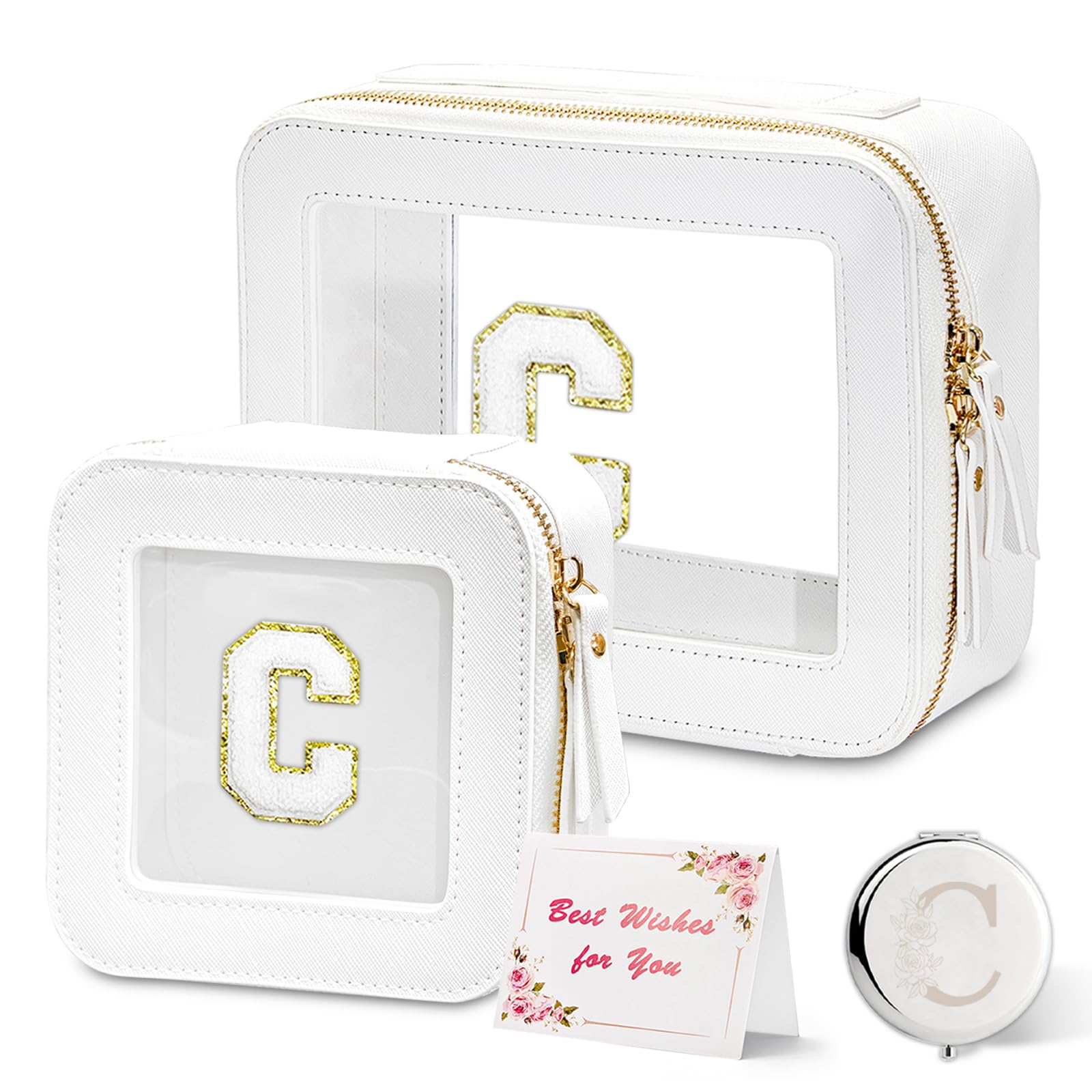 Clear Initial Makeup Bag Set - Travel Cosmetic Organizer with Handle, Transparent Leather Toiletry Bag, Portable Waterproof Storage Case for Women | Perfect for Travel, Gym, and Daily Makeup Organization