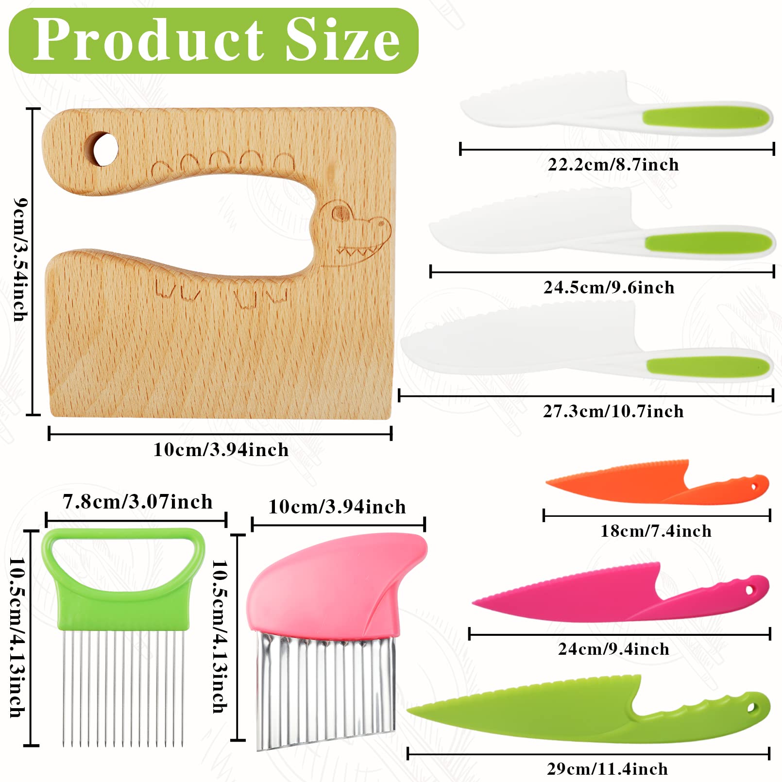 9PCS Kids Plastic Knife Set - BPA-Free Toddler Safe Knives for Real Cooking, Includes 6 Plastic Knives & Wooden Safe Knives with Potato & Onion Slicers - Perfect for Fruit Salad, Bread & Veggie Prep (Crocodile Style) - Ideal for Montessori Learning & Kids Kitchen Activities