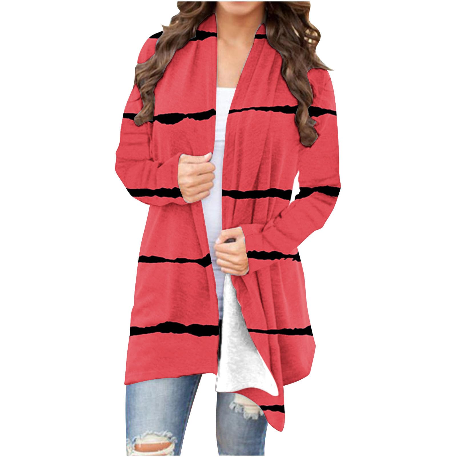 Women's Long Sleeve Striped Printed Cardigan - Soft Flowy Open Front Sweater for Fall | Casual Blouse Top for Work, Date Night & Layering Outfits