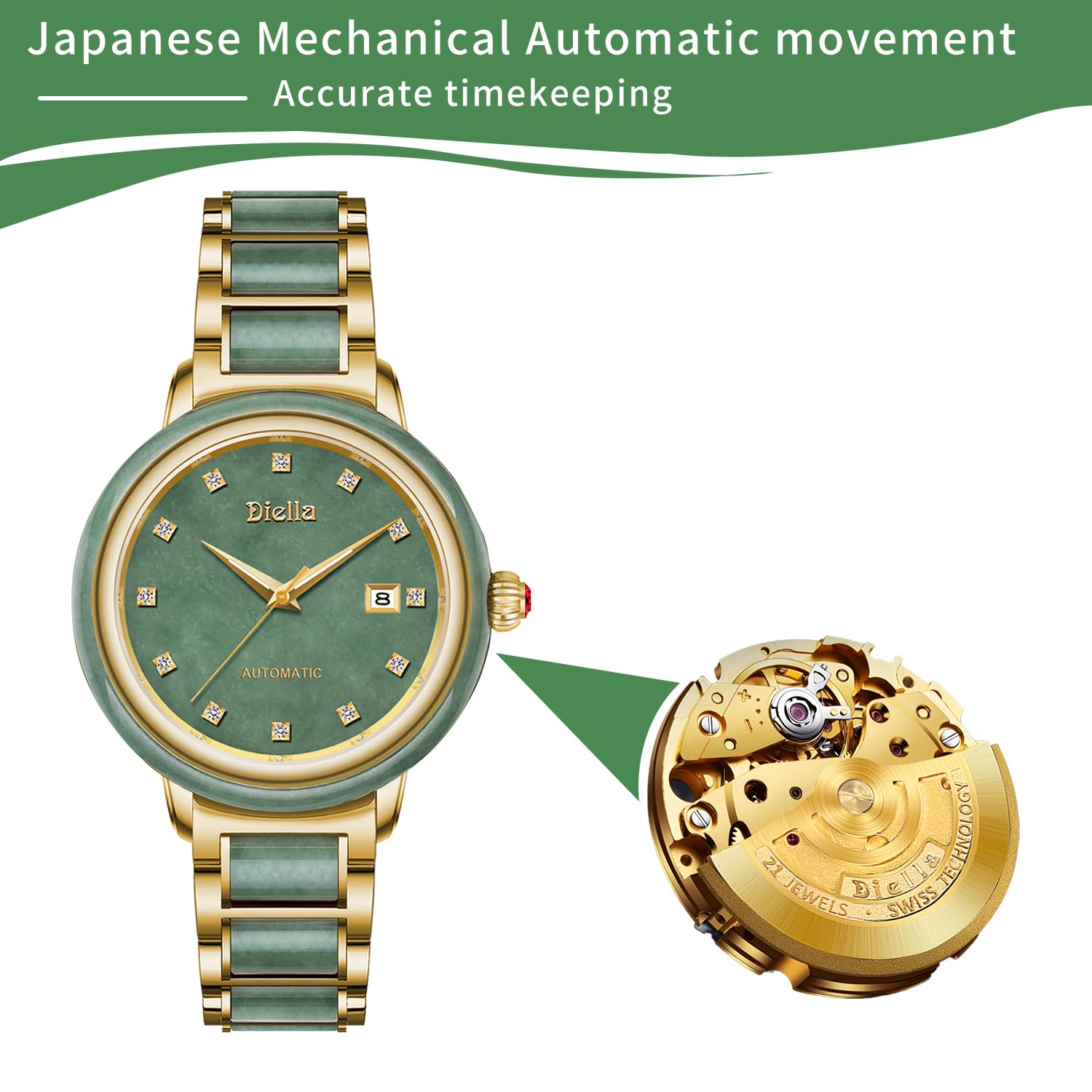 Diella Women's Luxury Automatic Mechanical Dress Watch - Gold & Green Jade Stainless Steel Watch for Ladies (Model AD6001L) | Perfect for Formal Events, Business Meetings & Special Occasions