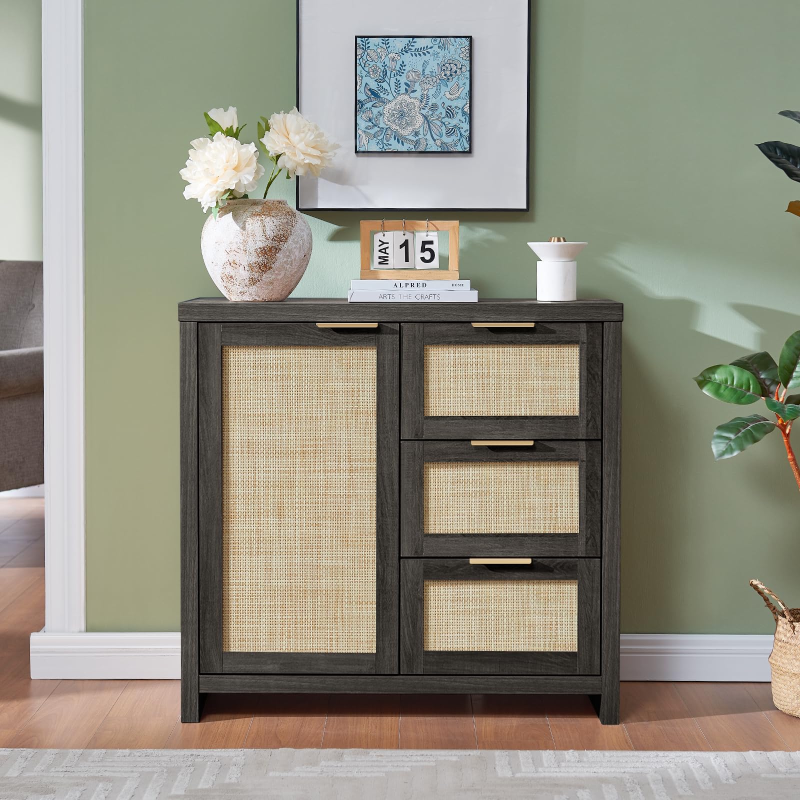 Hampstead 3-Drawer Rattan Storage Cabinet - Adjustable Shelves Kitchen Buffet Sideboard for Living Room, Hallway & Dining Room - Midnight Oak Finish | Perfect for Home Organization & Entertaining