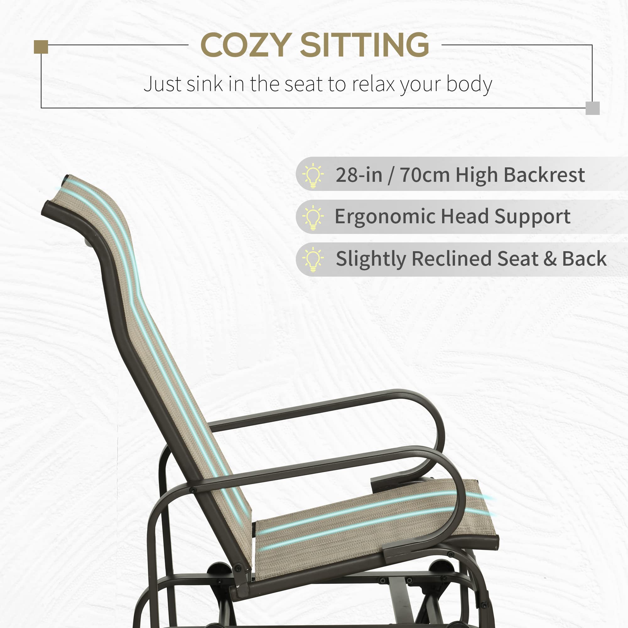Outsunny Outdoor Glider Chair - Patio Rocking Chair with Smooth Swing Motion, Lightweight & Durable for Backyard, Garden, Deck - Tan (Perfect for Relaxing, Reading & Enjoying Outdoor Spaces)