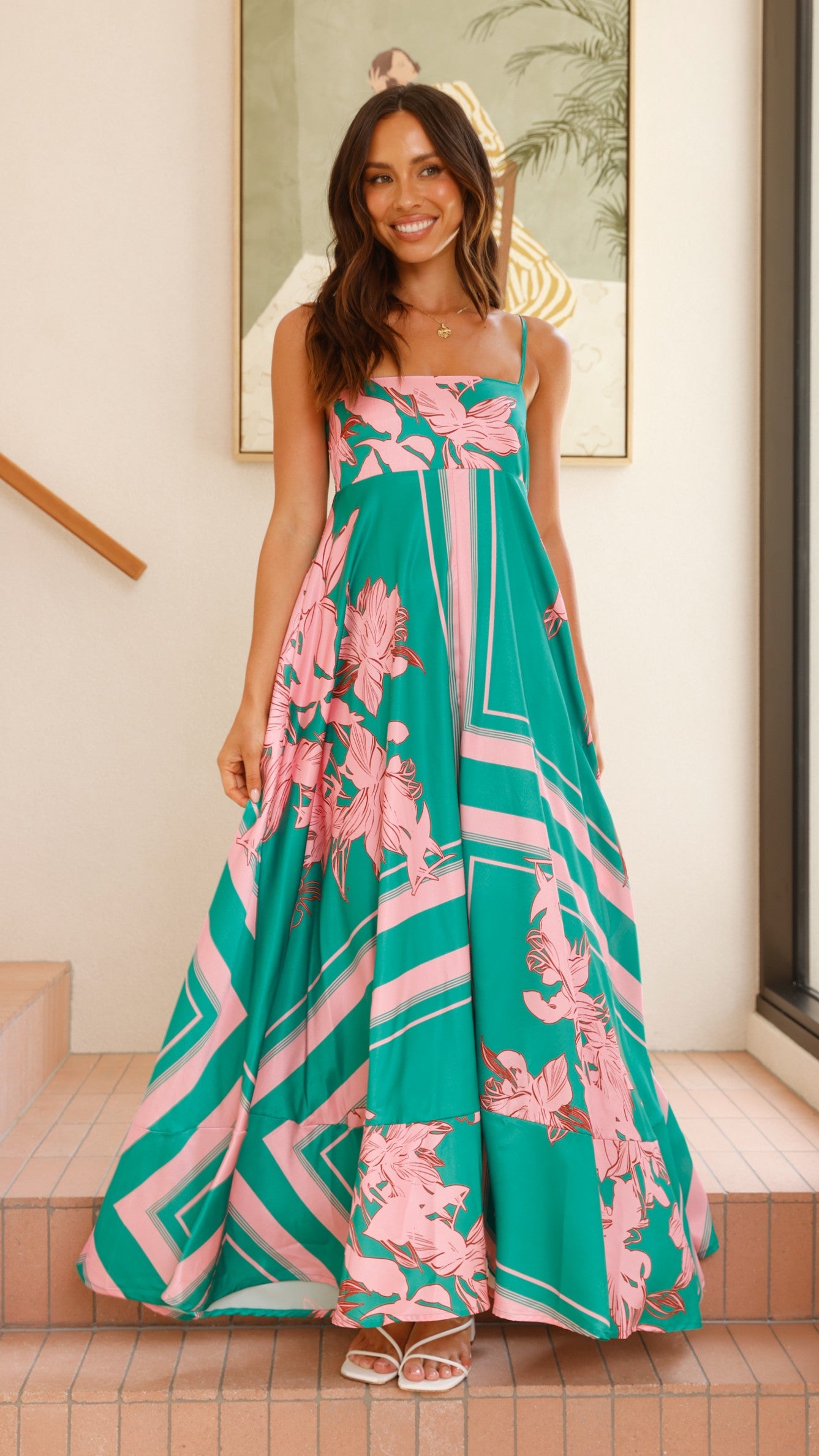 Kaethe Maxi Dress - Green & Pink Floral Summer Dress for Women | Beach Wedding, Vacation, Party Wear
