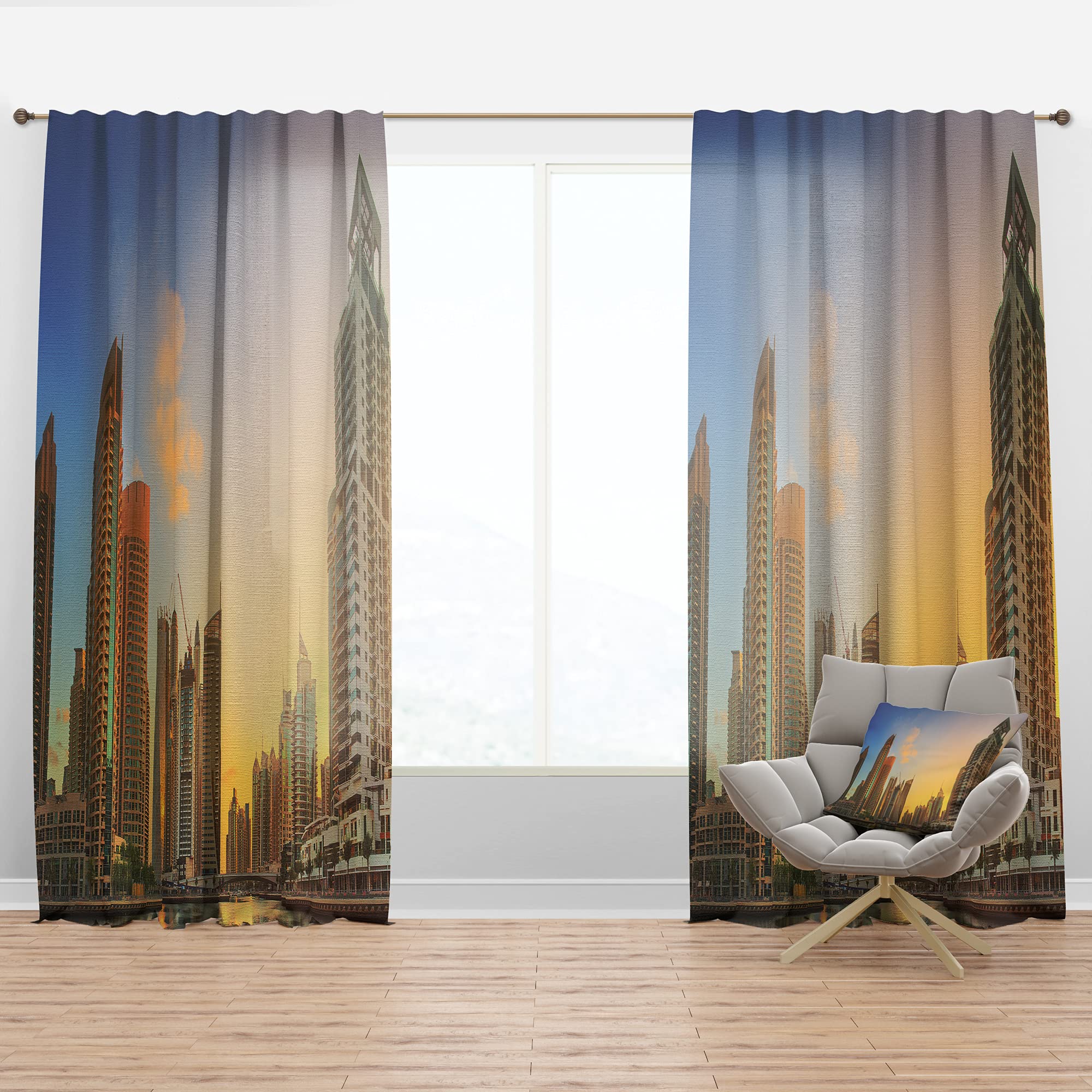 Thermal Insulated Single Panel Curtains - Dubai Marina Bay with Yacht Design - 52x108 Inches for Bedroom & Living Room - Perfect for Home Decor, Blackout Drapes, and Temperature Control