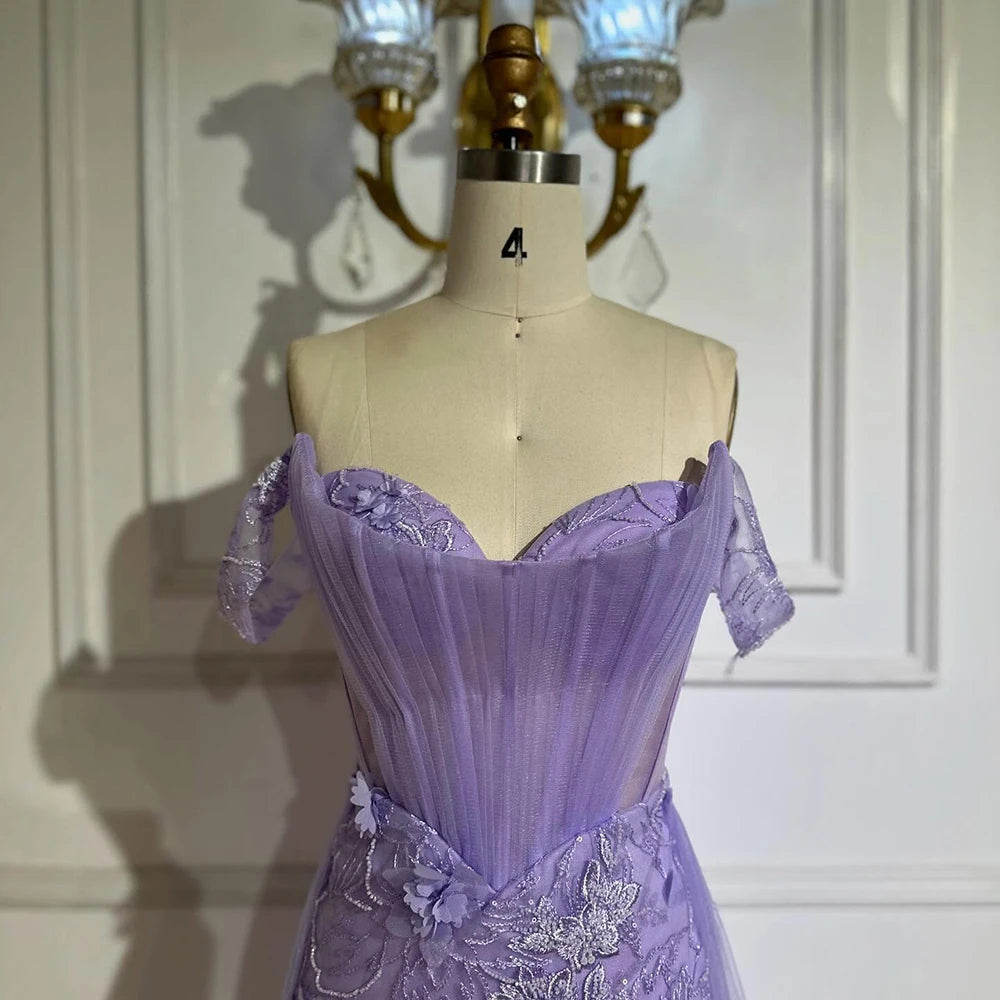 Luxury Dubai Lilac Off Shoulder Corset Beaded High Slit Tulle Saudi Evening Gown - Elegant Formal Dress for Weddings, Galas & Special Occasions LA72874
