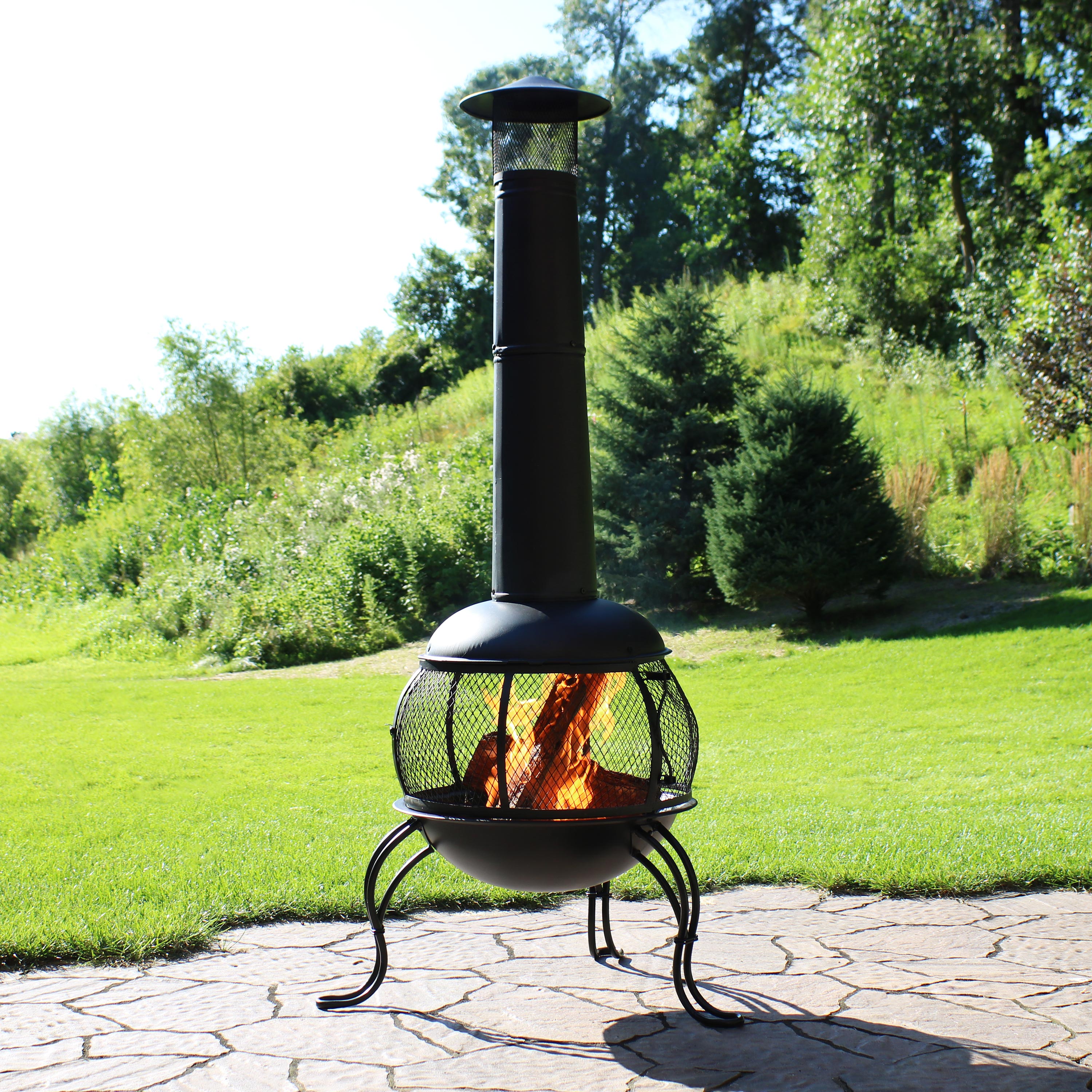 Sunnydaze Black Steel Wood Burning Outdoor Chiminea Fire Pit with Rain Cap - 66