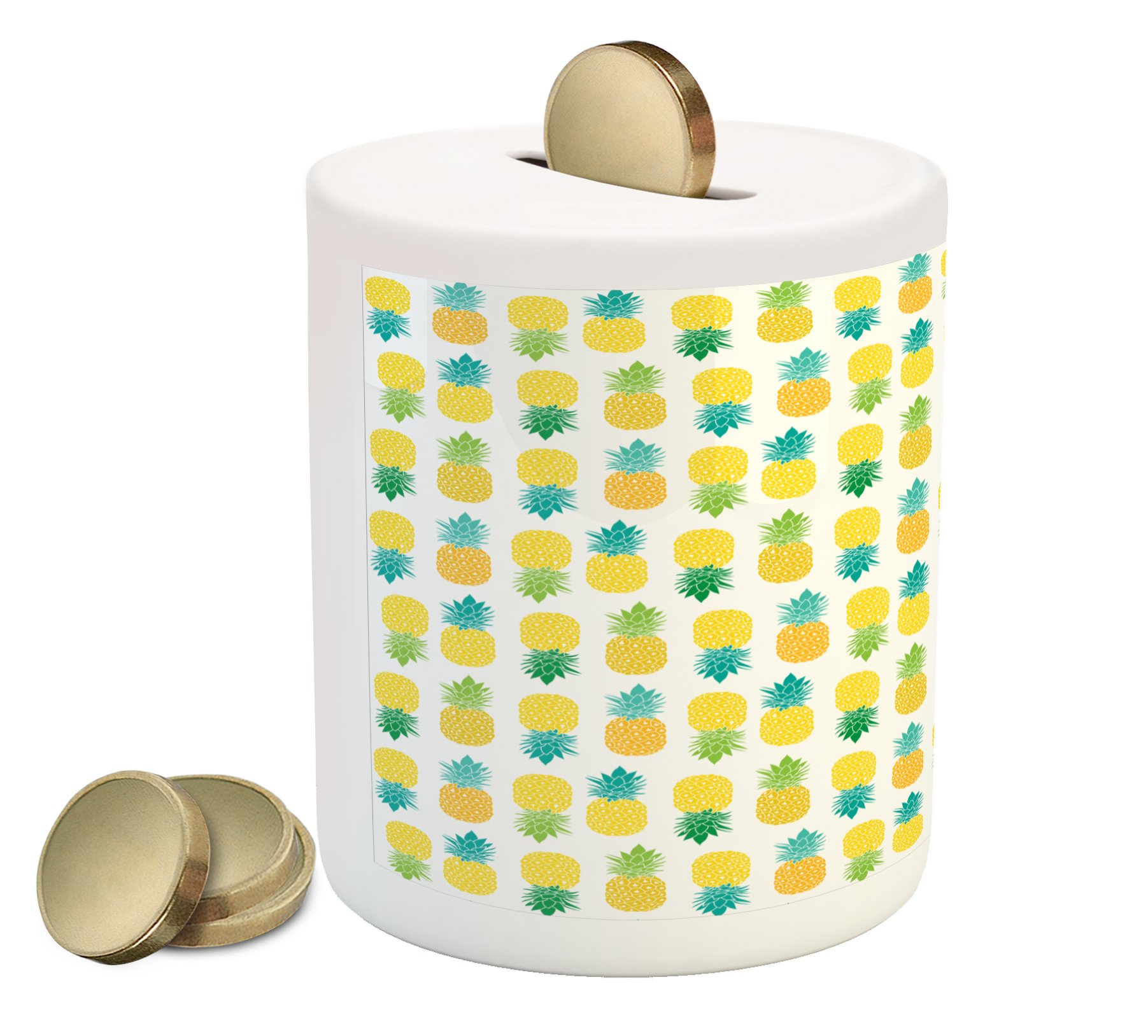Ambesonne Ceramic Piggy Bank - Green & Yellow Hawaiian Foliage Design with Blooming Leaves, Money Saving Coin Bank for Cash & Coins | Perfect for Kids' Savings, Home Decor, and Hawaiian-Themed Gift Ideas