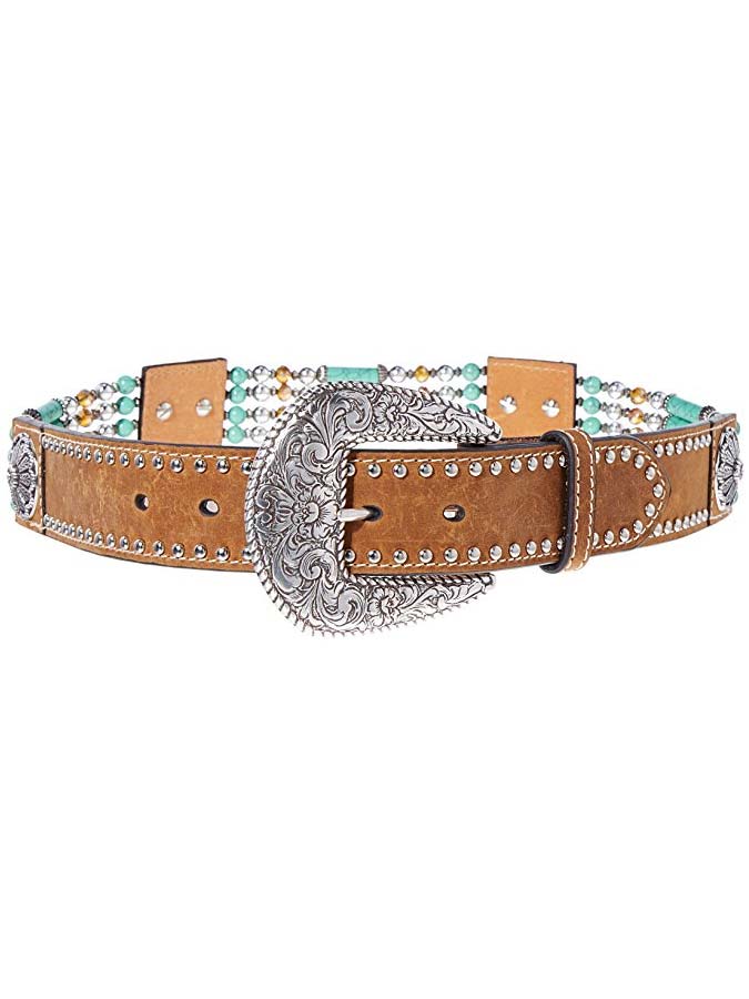 Nocona N3412744 Women's Beaded Floral Concho Western Belt - Brown Leather Cowgirl Belt for Western Outfits & Rodeo Events