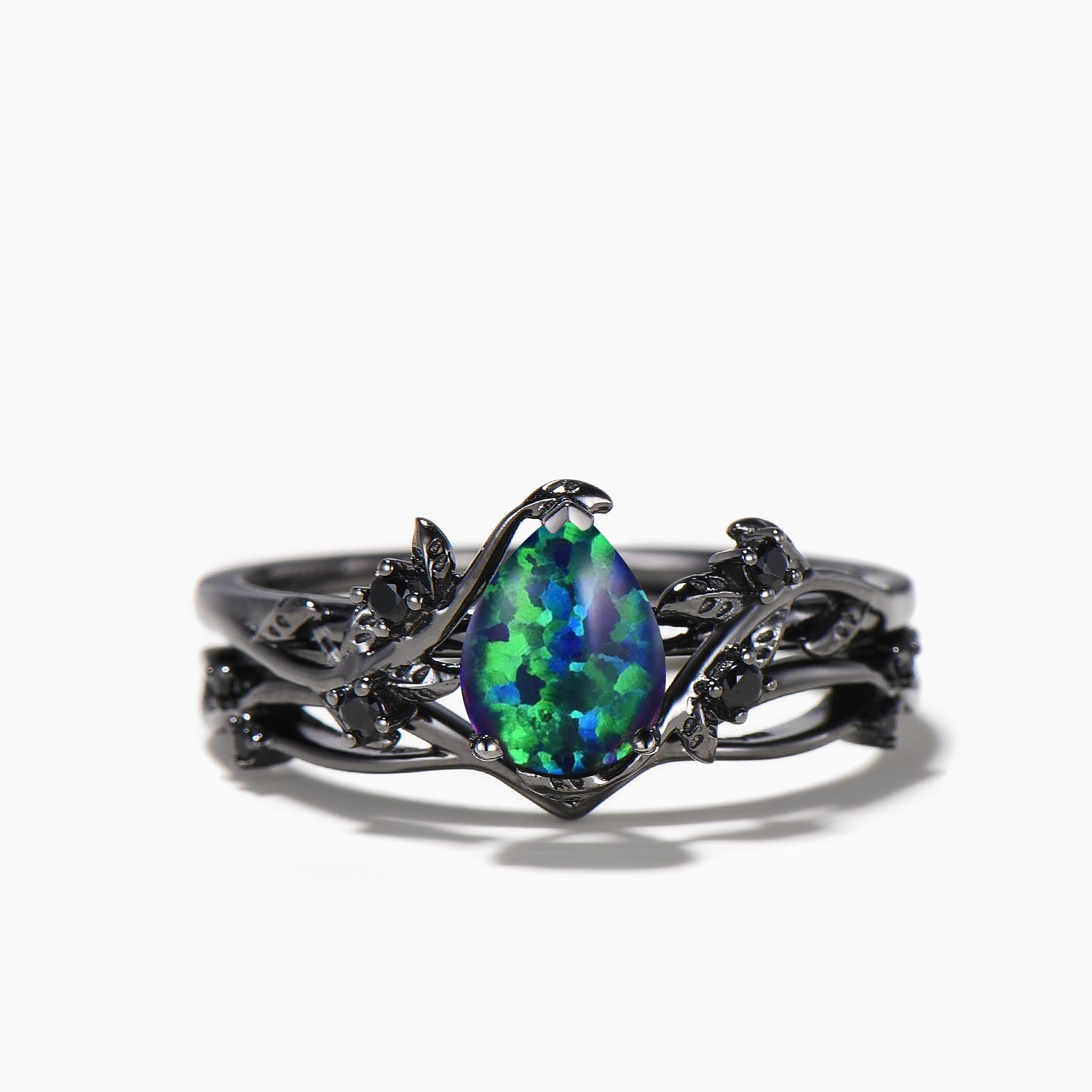 Black Opal Teardrop Leaf Wedding Ring Set - Nature Inspired Black Gold Bridal Jewelry for Engagement, Anniversary & Special Occasions