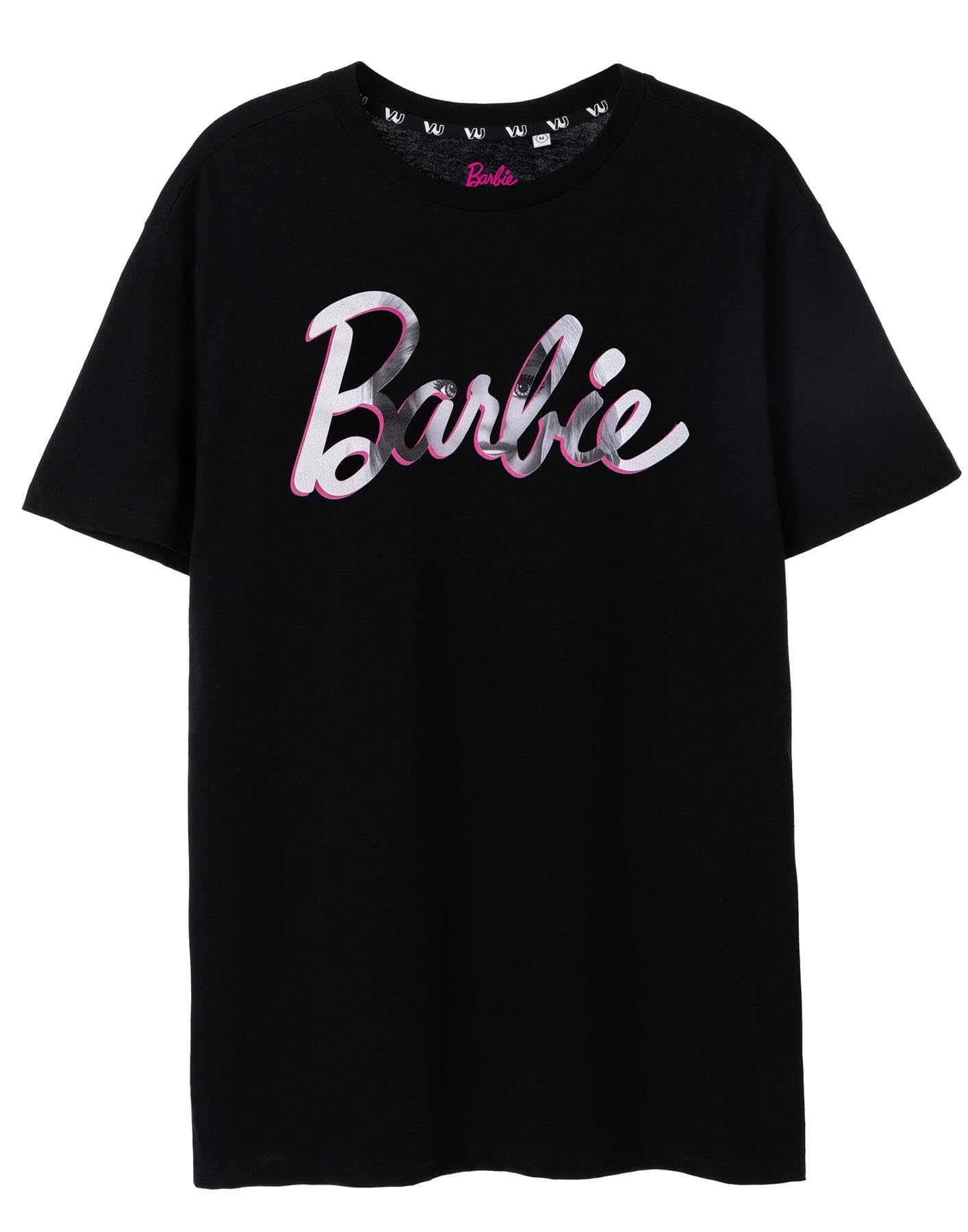 Barbie Women's Short Sleeve Graphic T-Shirt - Classic White & Pink Logo on Black Oversized Tee | Cute Doll Inspired Apparel for Casual Wear, Cosplay & Barbie Fans Collection